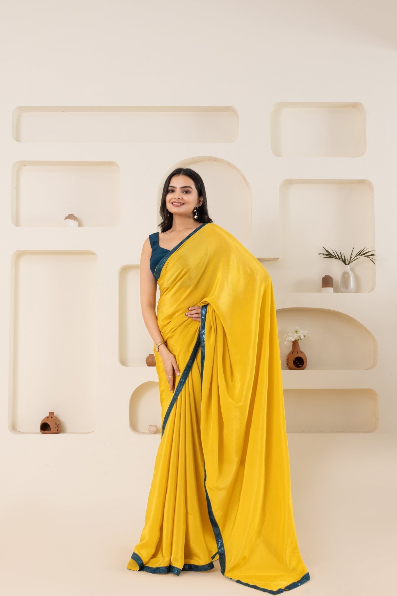 Yellow And Rama Green Pure Viscose Crepe Saree Set With Border (Saree With Blouse Piece) - doeraa