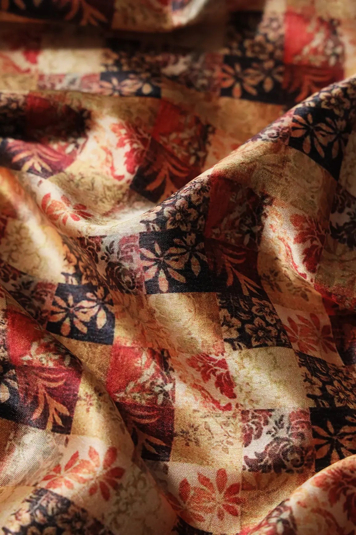 Yellow And Red Floral Checks Pattern Digital Print On Satin Fabric - doeraa