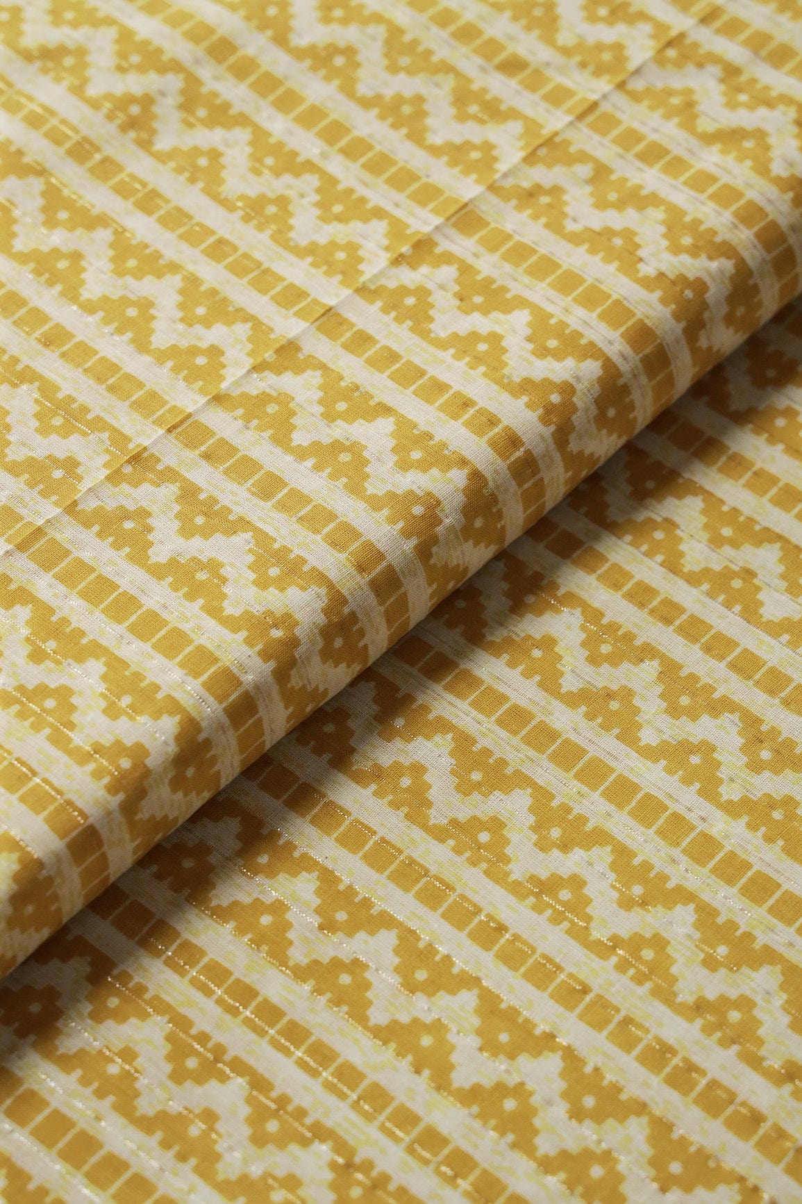 Yellow And White Chevron Pattern Screen Print Lurex Organic Cotton Fabric - doeraa