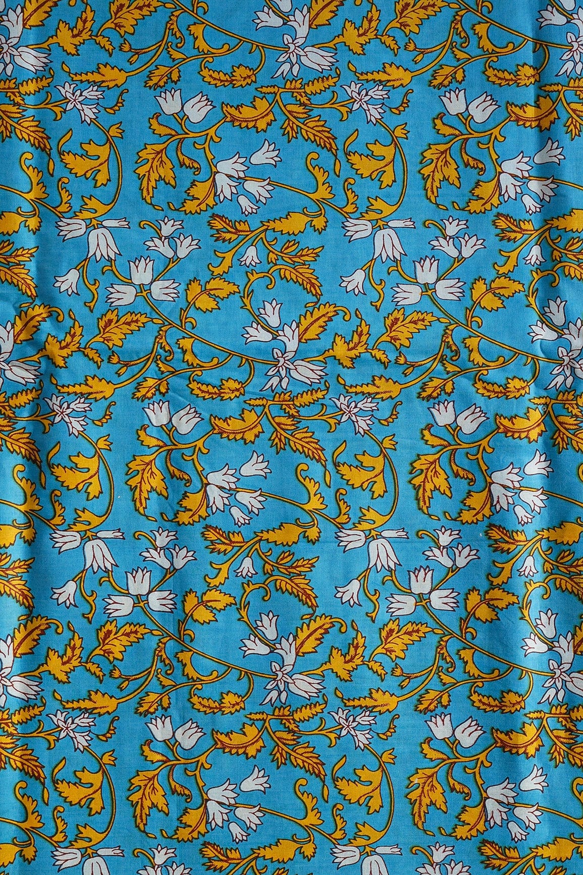 Yellow And White Floral Print On Blue Pure Cotton Fabric - doeraa