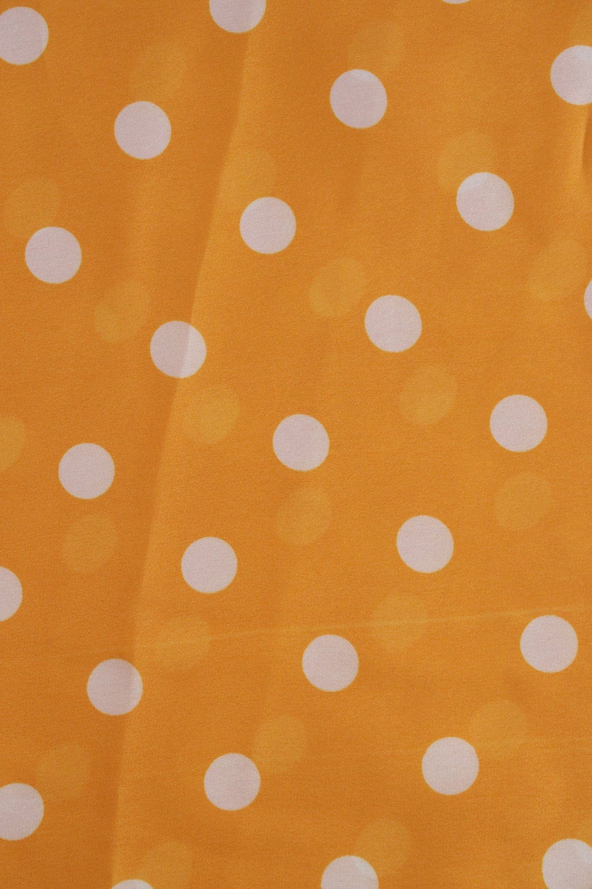 Yellow And White Polka Dots Pattern Digital Print On Georgette Satin Fabric - doeraa