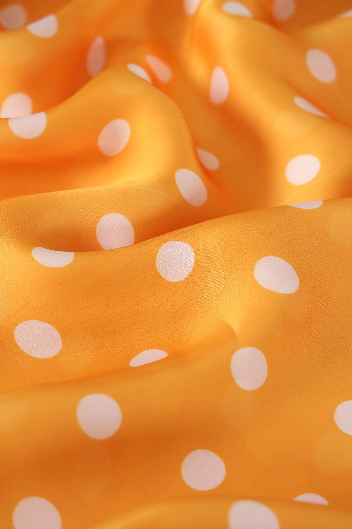 Yellow And White Polka Dots Pattern Digital Print On Georgette Satin Fabric - doeraa