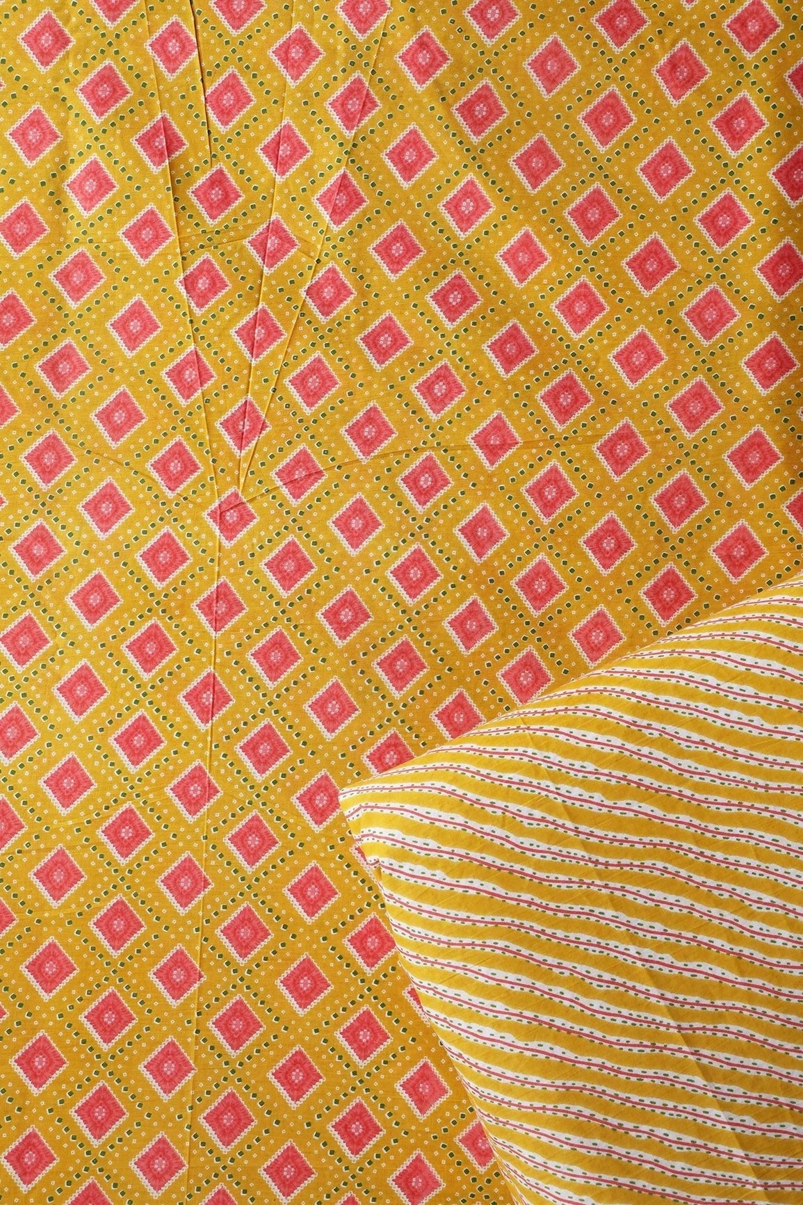 Yellow And White Pure Cotton Unstitched Suit Set (2 Piece) - doeraa