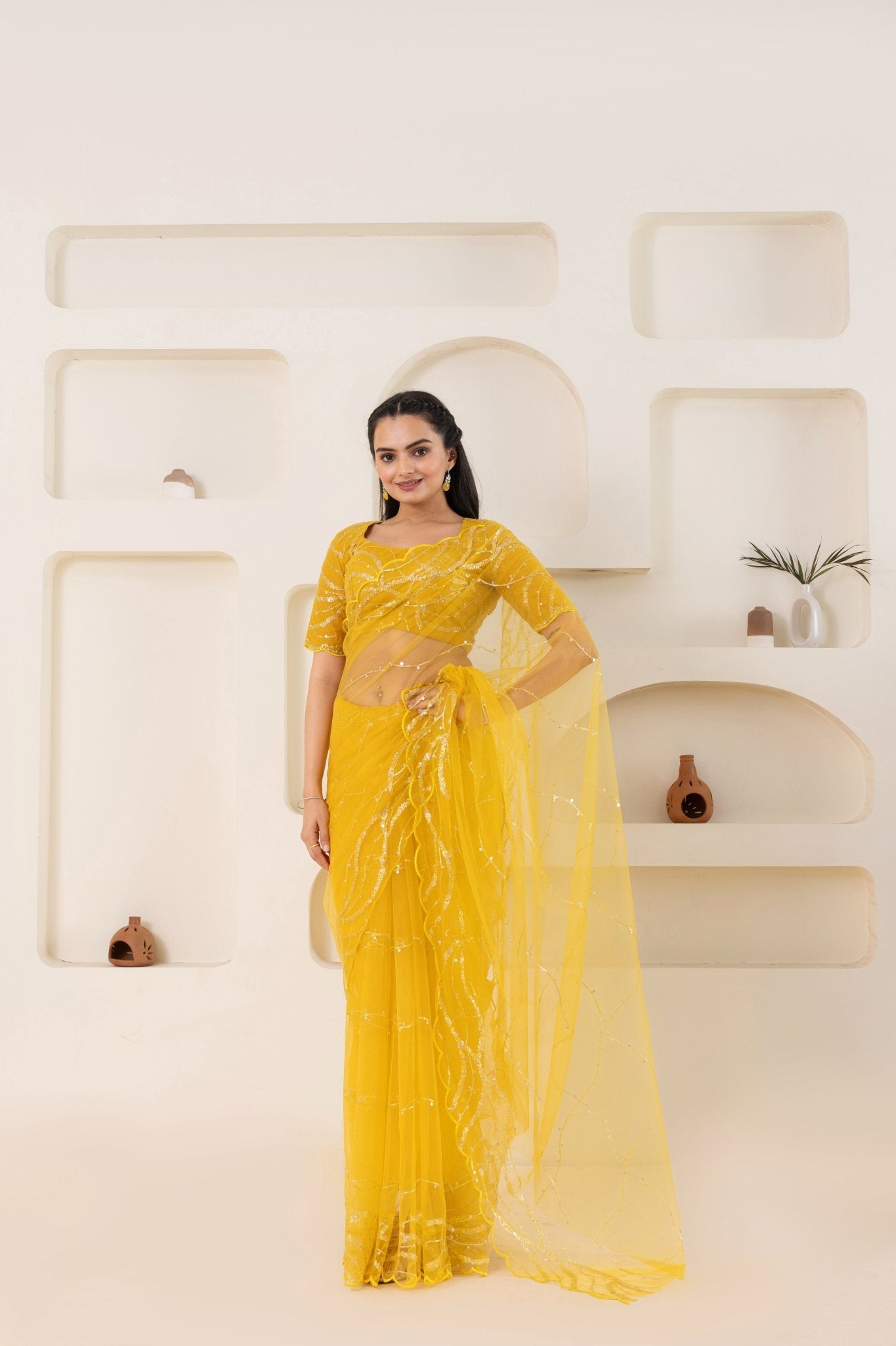 Yellow Embroidery Saree Set (Saree With Blouse Piece) - doeraa