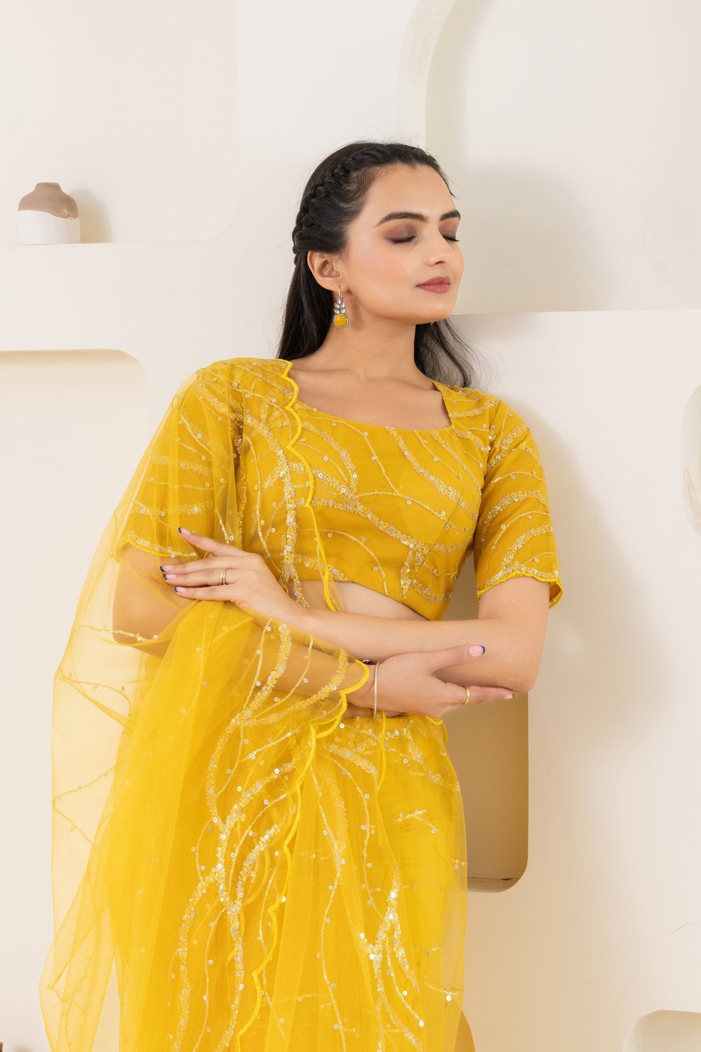 Yellow Embroidery Saree Set (Saree With Blouse Piece) - doeraa