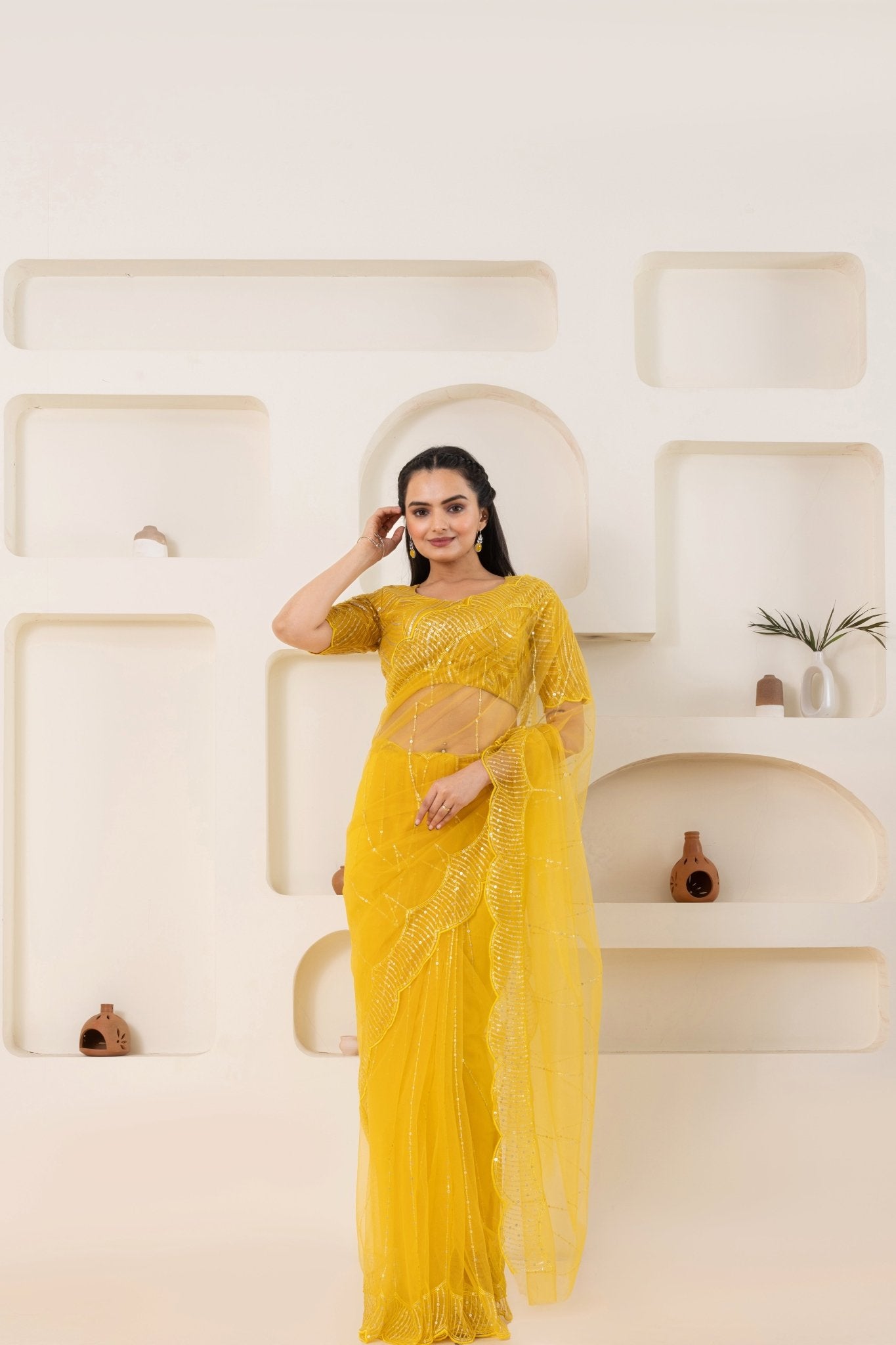 Yellow Embroidery Saree Set (Saree With Blouse Piece) - doeraa