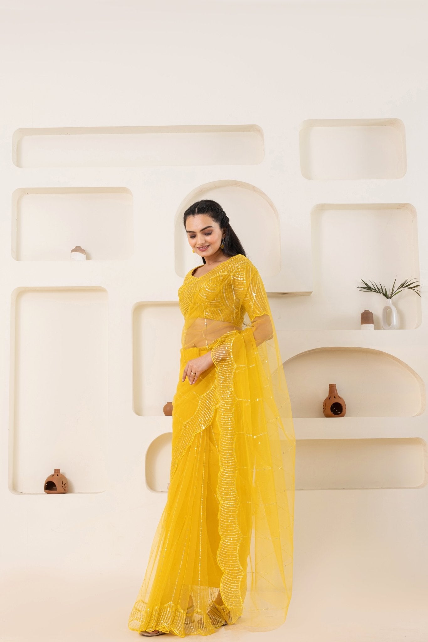 Yellow Embroidery Saree Set (Saree With Blouse Piece) - doeraa