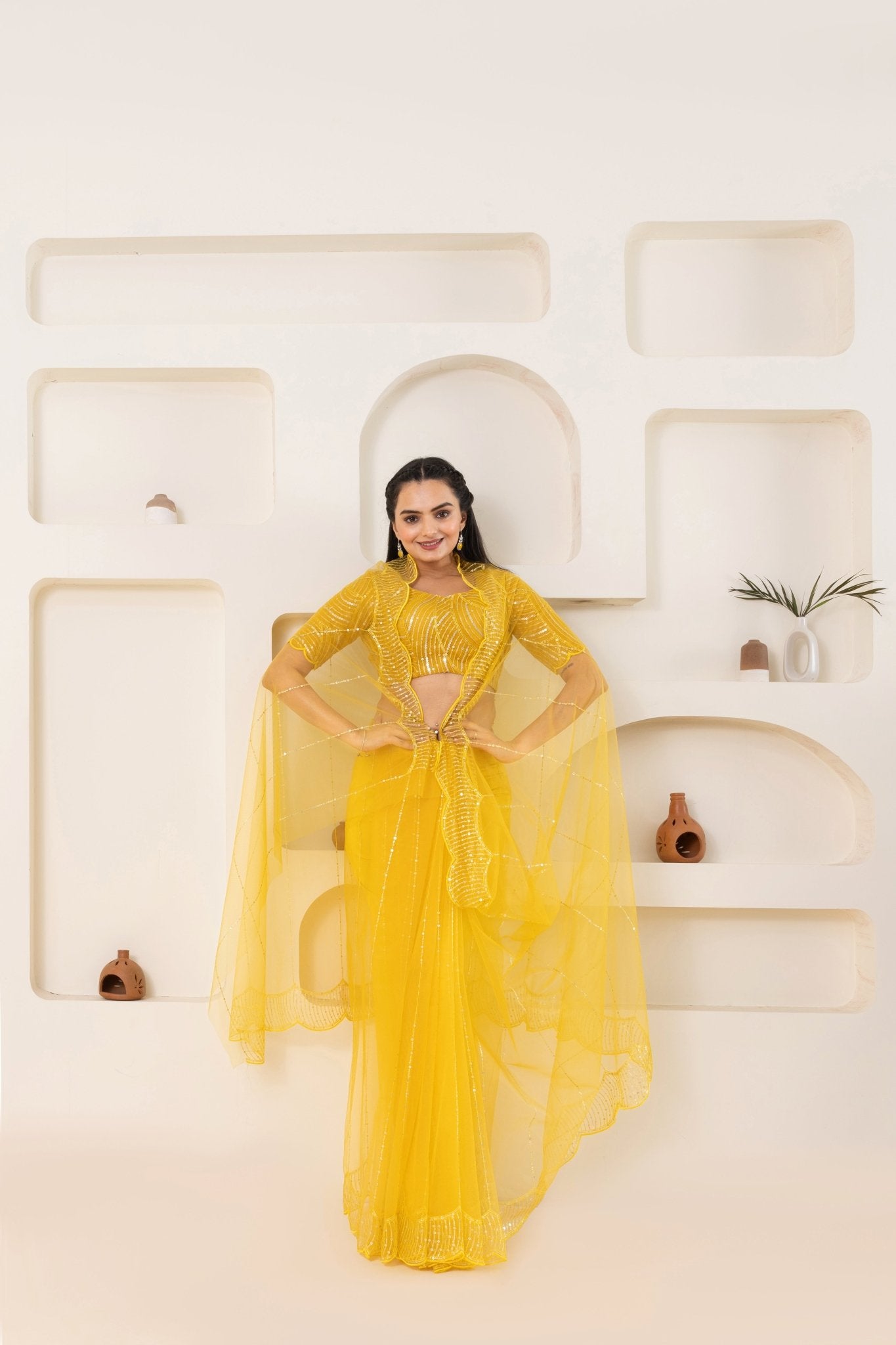 Yellow Embroidery Saree Set (Saree With Blouse Piece) - doeraa