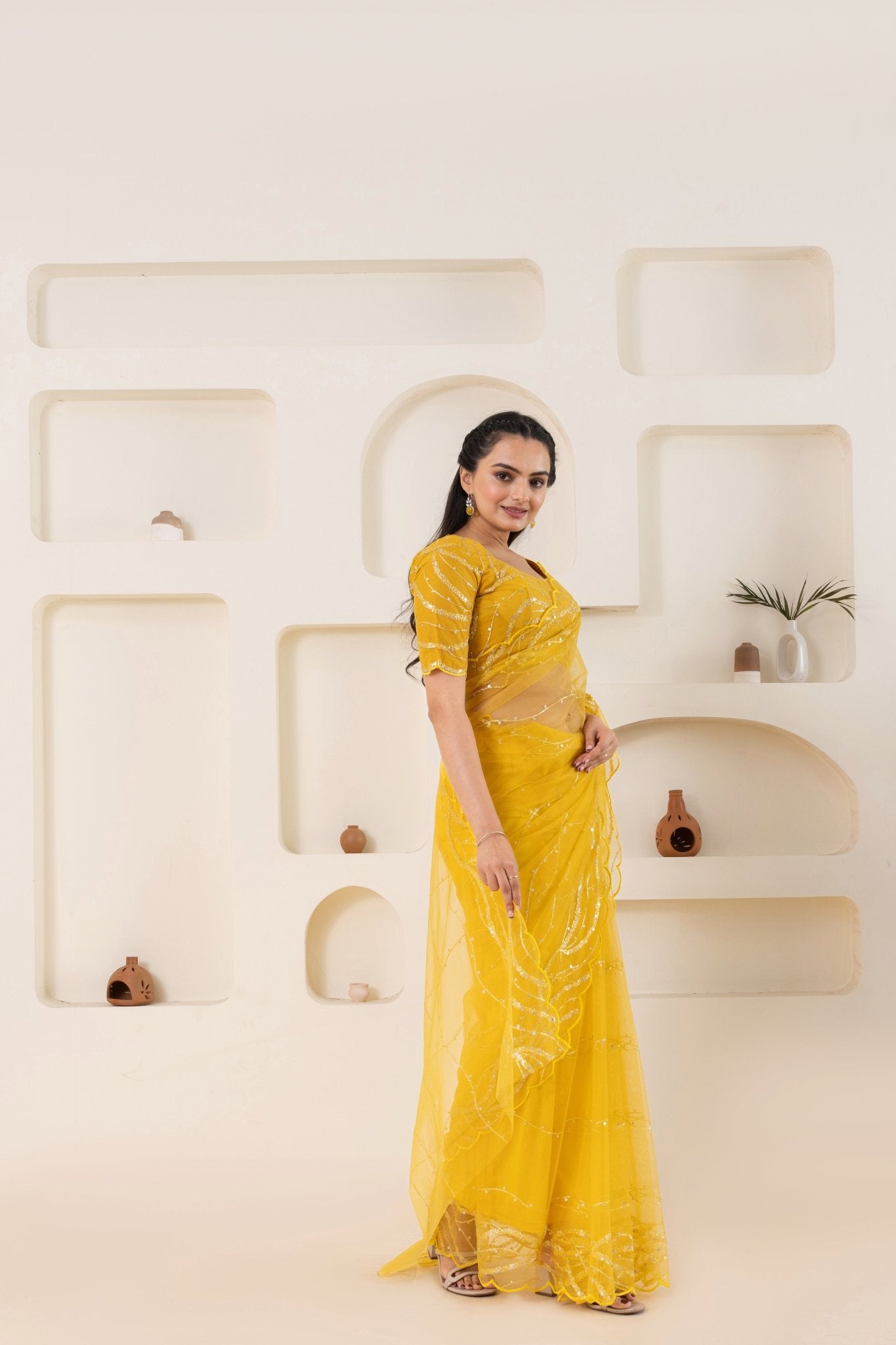 Yellow Embroidery Saree Set (Saree With Blouse Piece) - doeraa