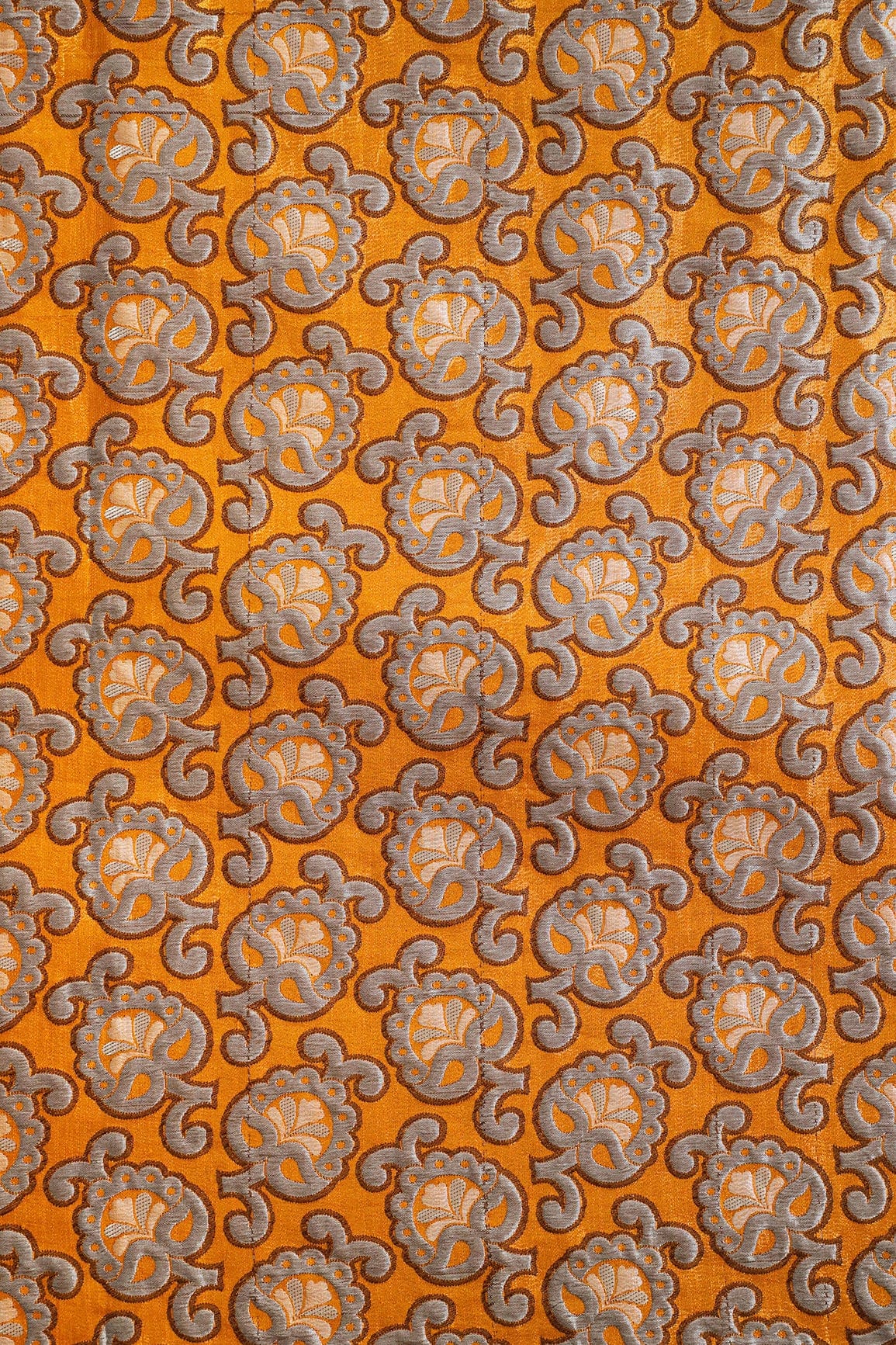 Yellow Ochre And Grey Floral Silk Satin Jute Banarasi Jacquard Fabric - doeraa