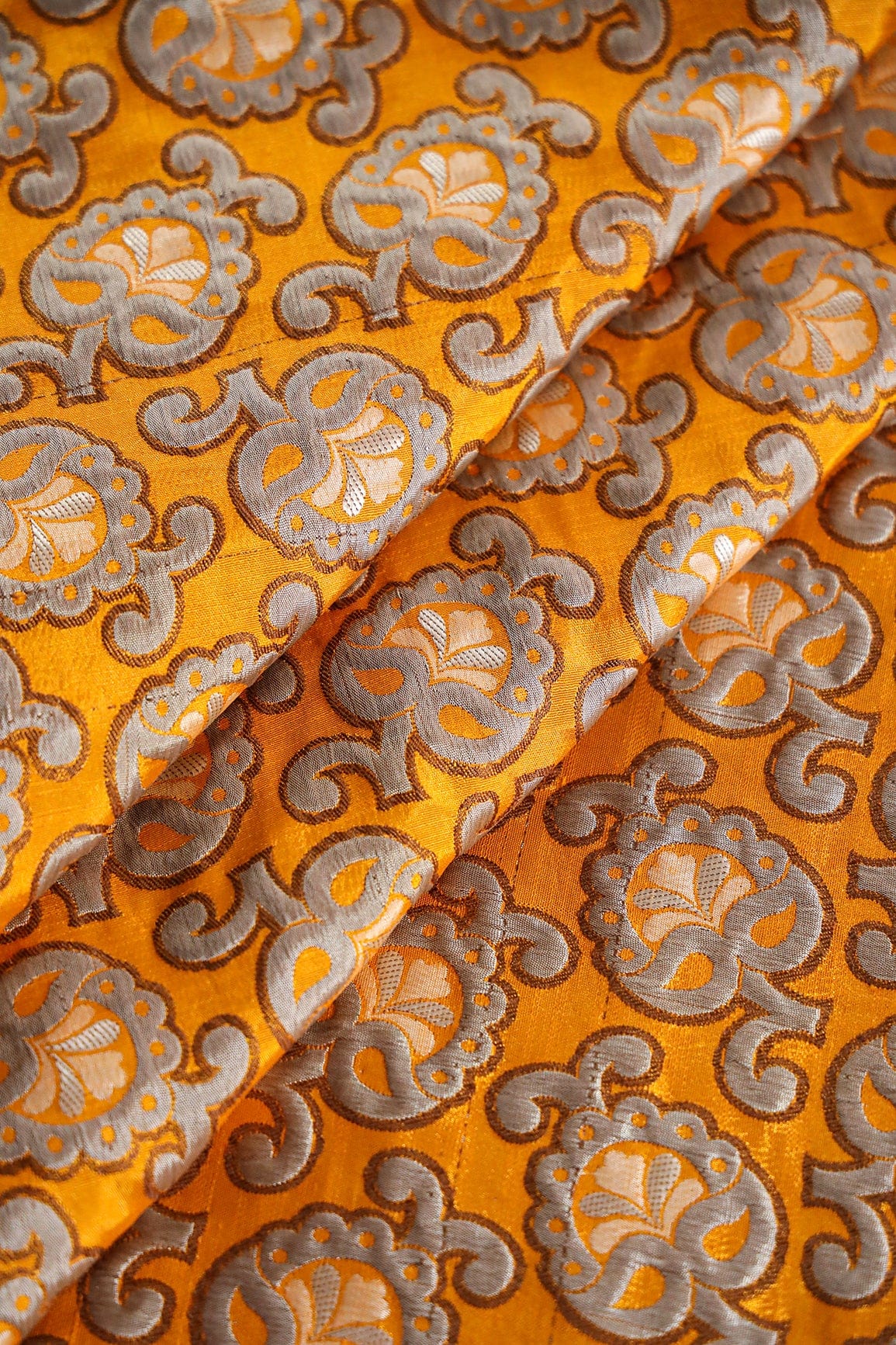 Yellow Ochre And Grey Floral Silk Satin Jute Banarasi Jacquard Fabric - doeraa