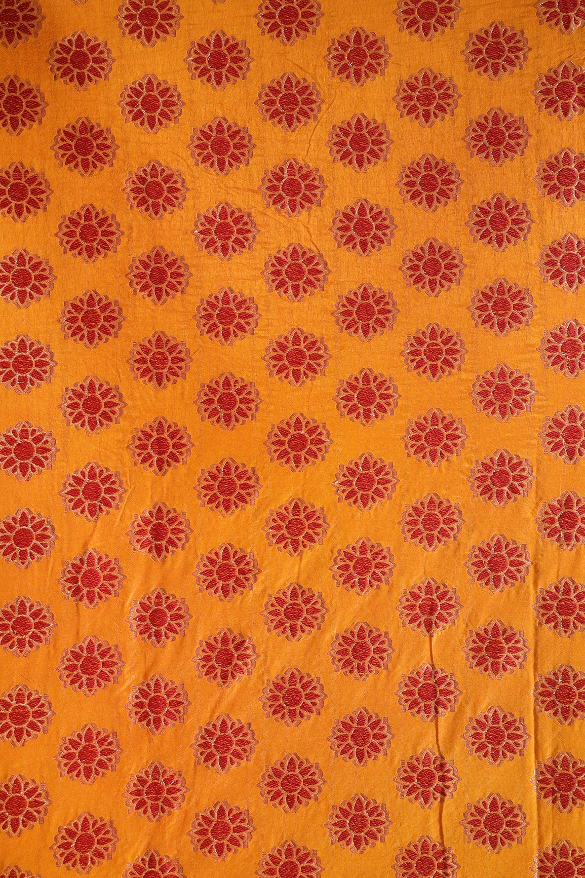 Yellow Ochre And Red Floral Butta Silk Gold Zari Banarasi Jacquard Fabric - doeraa