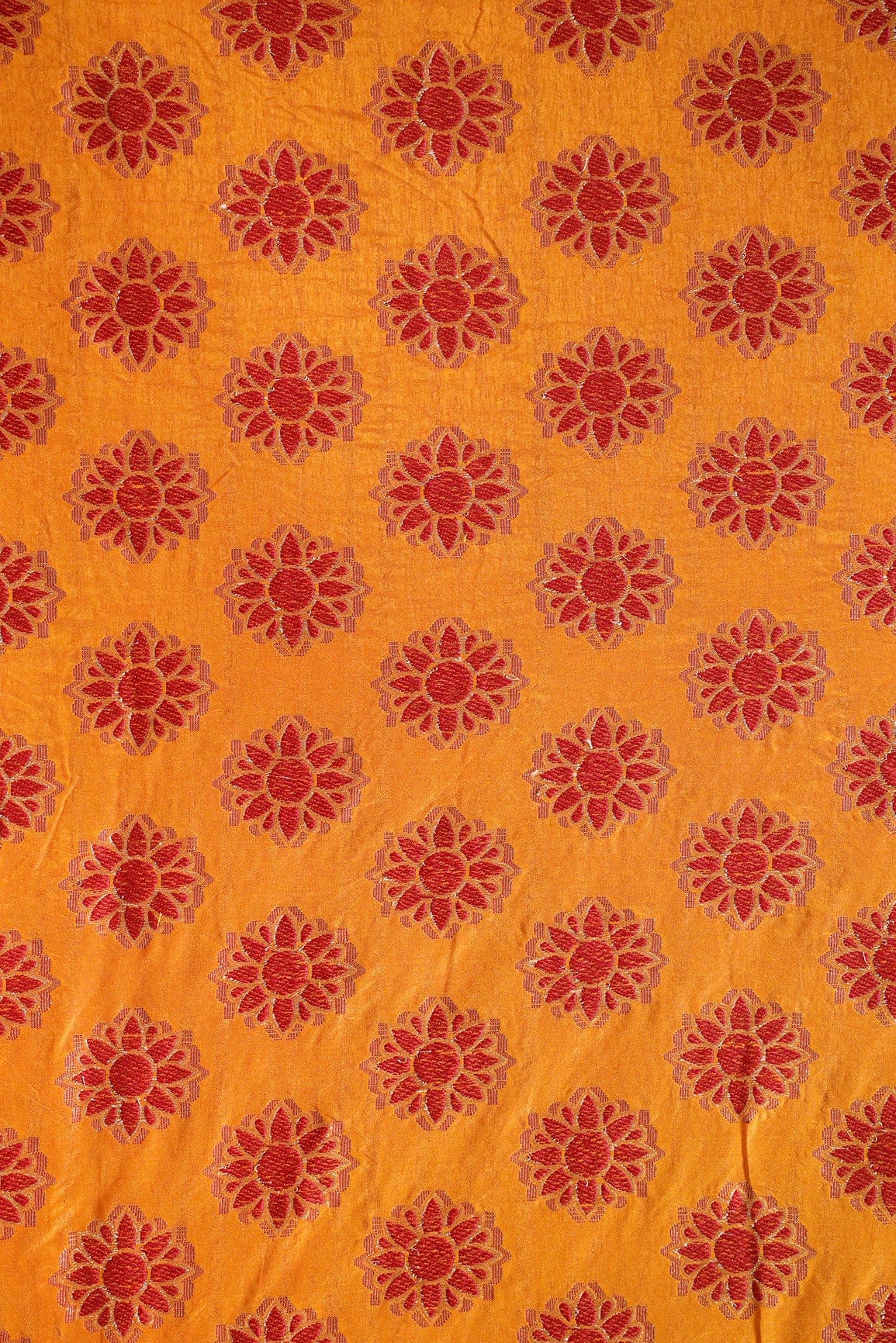 Yellow Ochre And Red Floral Butta Silk Gold Zari Banarasi Jacquard Fabric - doeraa