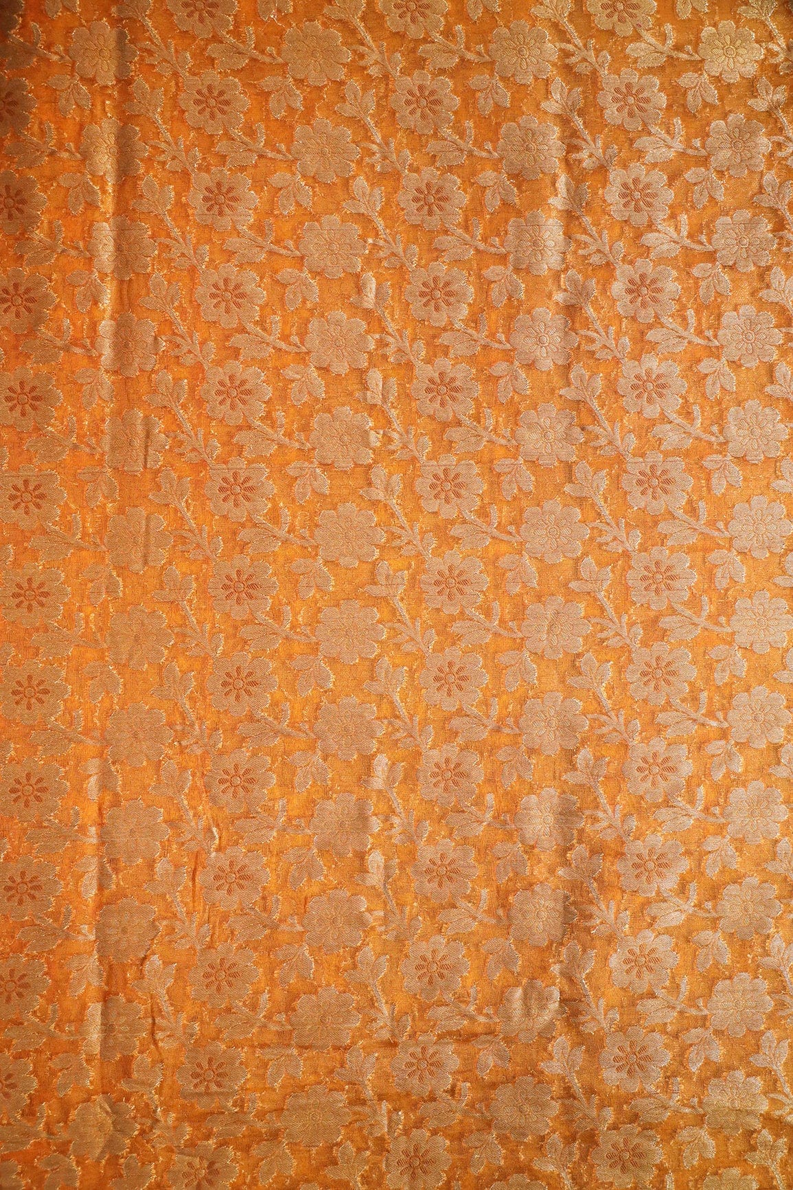 Yellow Ochre Floral Pure Net Gold Zari Banarasi Jacquard Fabric - doeraa