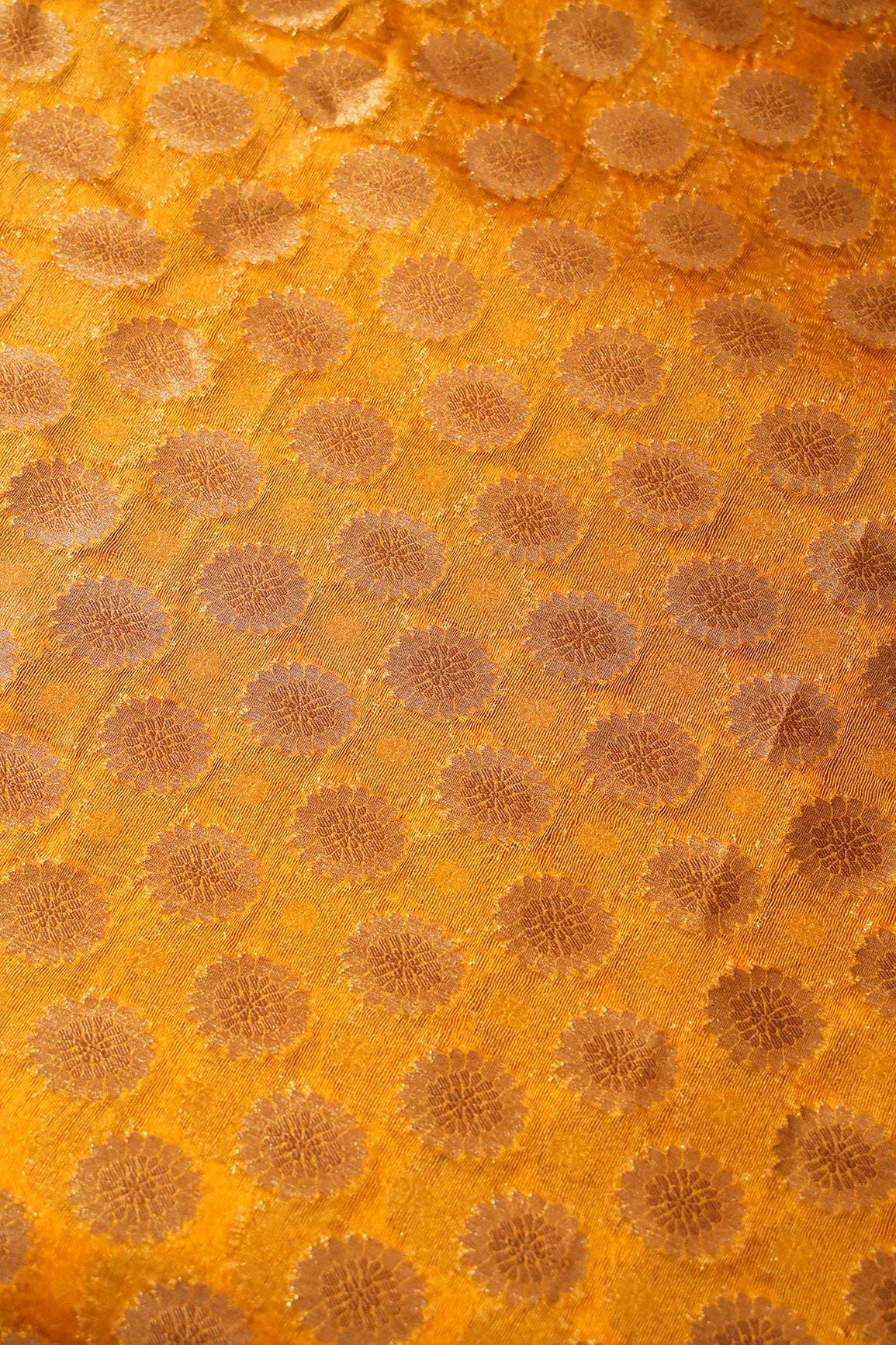 Yellow Ochre Floral Pure Net Gold Zari Banarasi Jacquard Fabric - doeraa