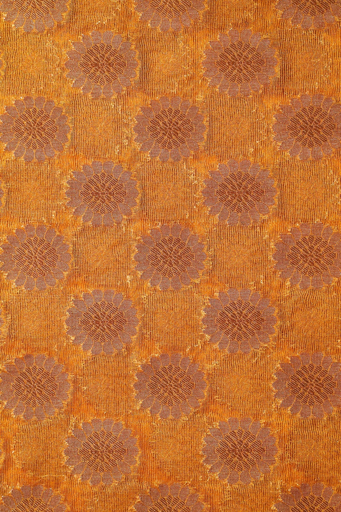 Yellow Ochre Floral Pure Net Gold Zari Banarasi Jacquard Fabric - doeraa