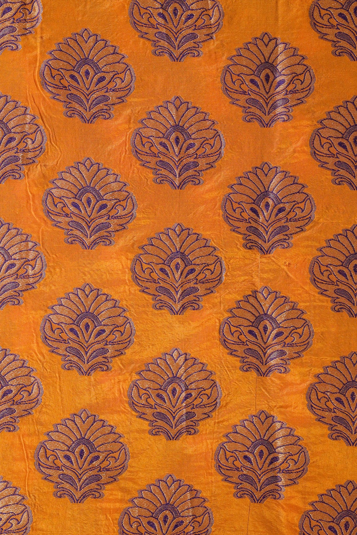 Yellow Ochre Mughal Floral Silk Gold Zari Banarasi Jacquard Fabric - doeraa