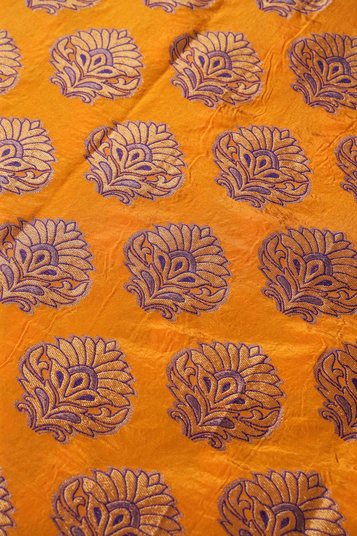 Yellow Ochre Mughal Floral Silk Gold Zari Banarasi Jacquard Fabric - doeraa