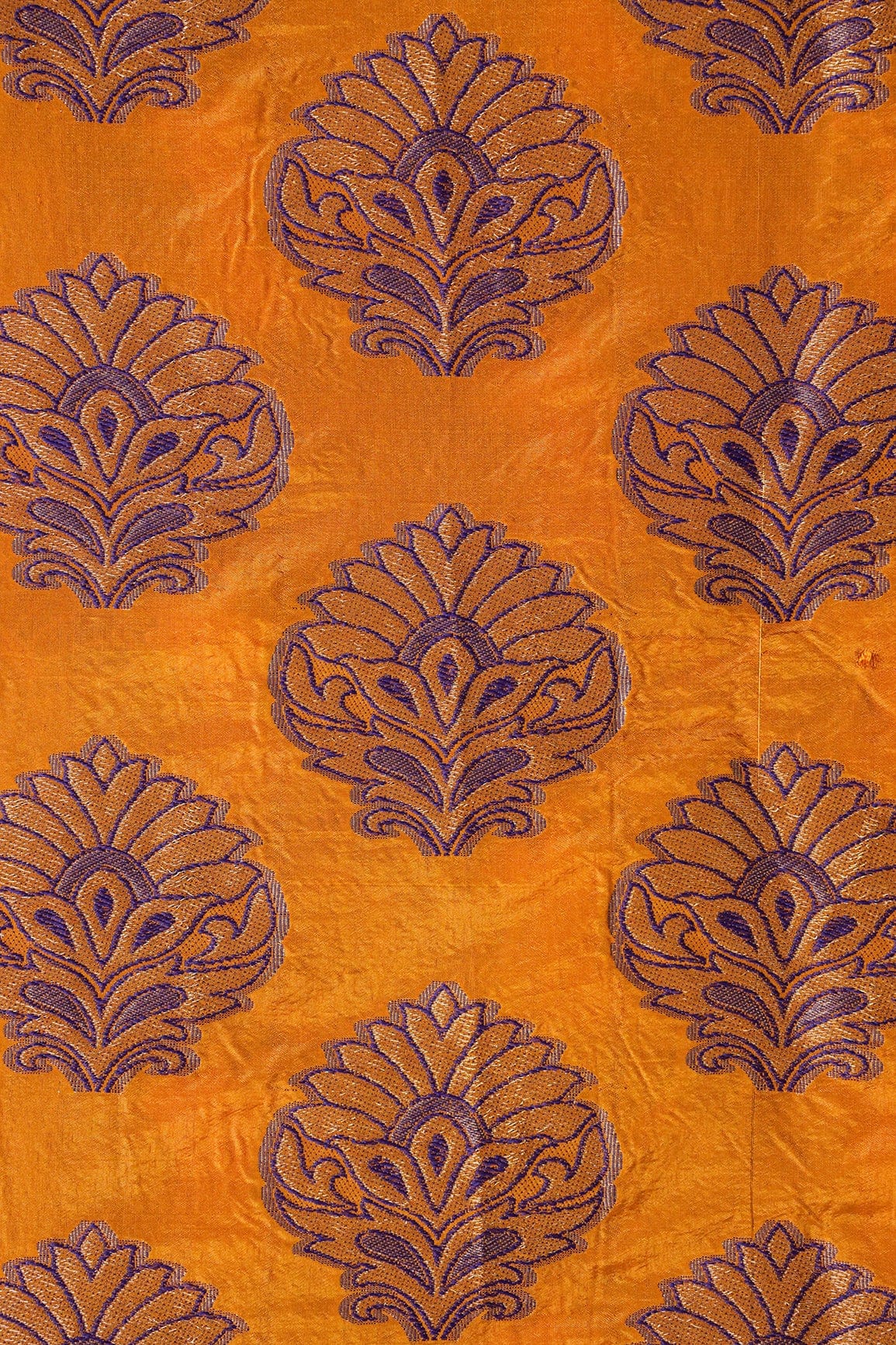 Yellow Ochre Mughal Floral Silk Gold Zari Banarasi Jacquard Fabric - doeraa