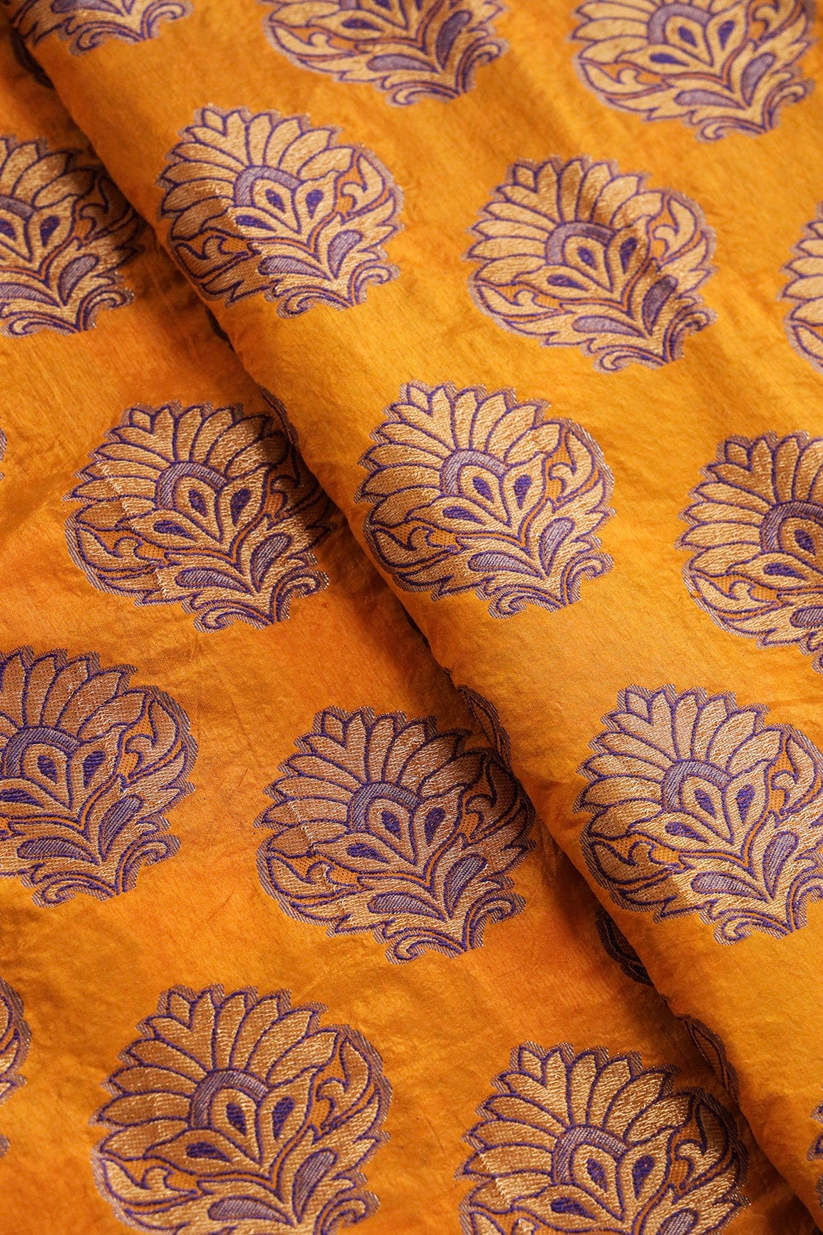 Yellow Ochre Mughal Floral Silk Gold Zari Banarasi Jacquard Fabric - doeraa