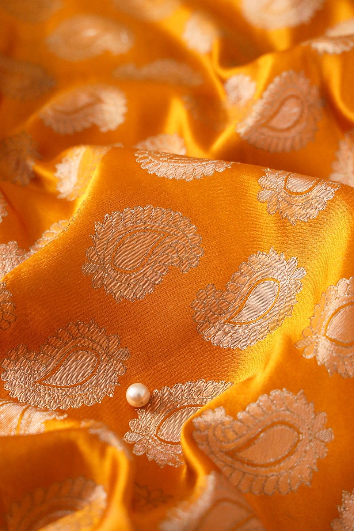 Yellow Ochre Paisley Silk Satin Jute Banarasi Jacquard Fabric - doeraa