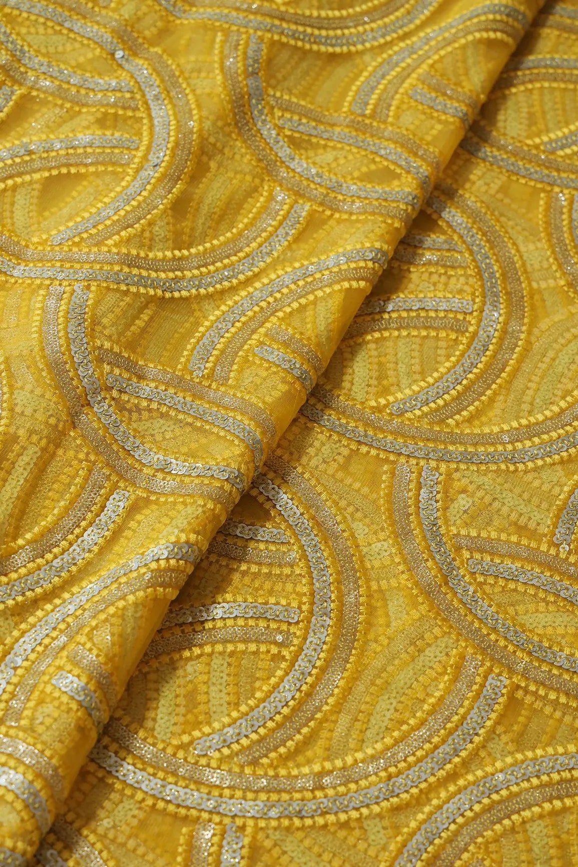 Yellow Thread With Gold And Silver Sequins Geometric Embroidery On Yellow Soft Net Fabric - doeraa