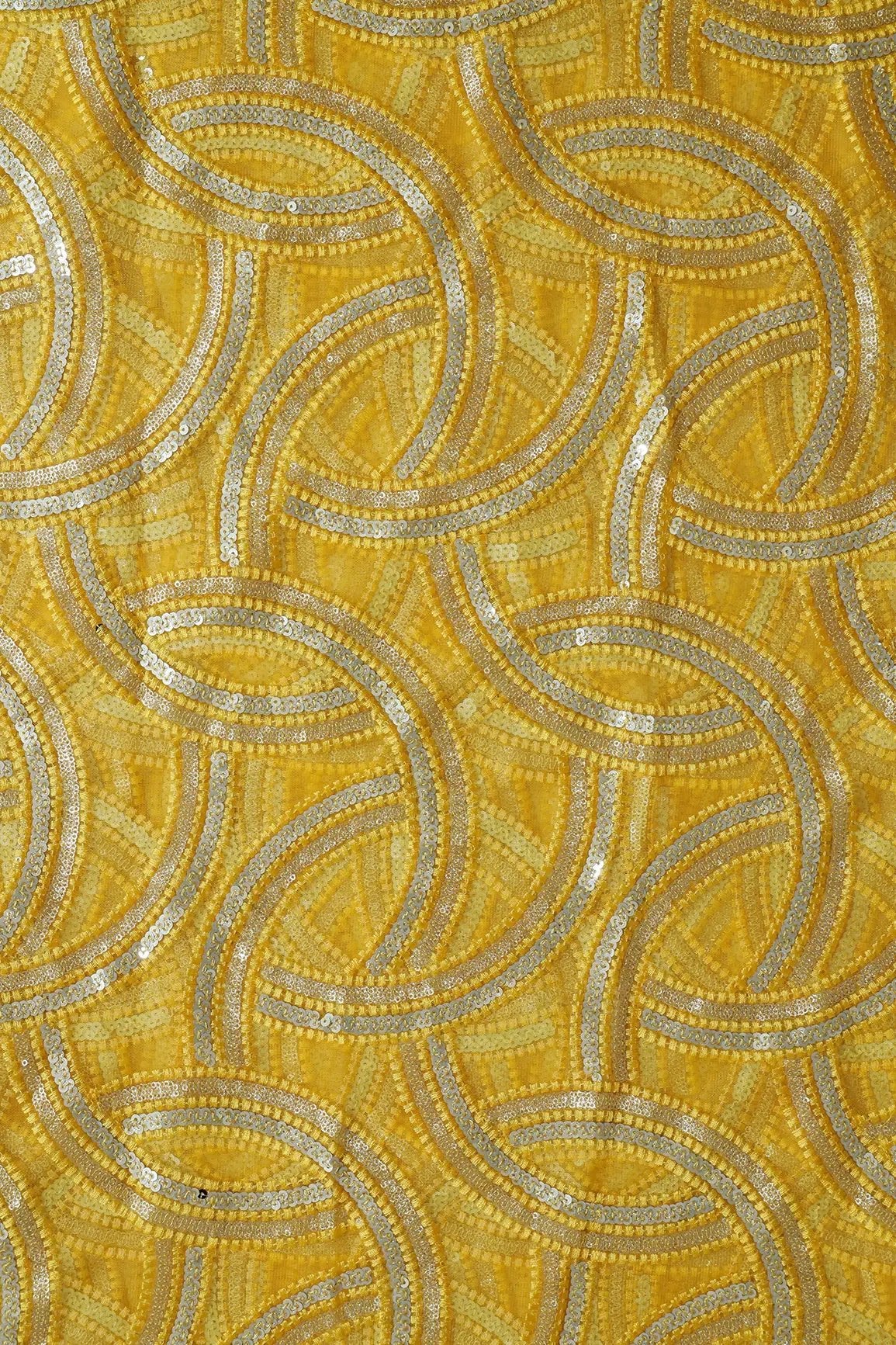 Yellow Thread With Gold And Silver Sequins Geometric Embroidery On Yellow Soft Net Fabric - doeraa