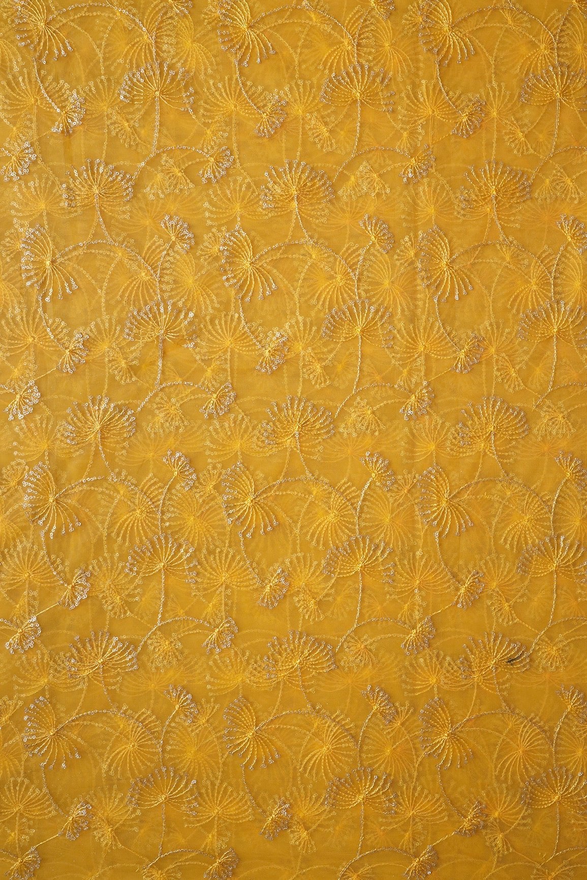 Yellow Thread With Gold Glitter Sequins Floral Embroidery On Yellow Soft Net Fabric - doeraa