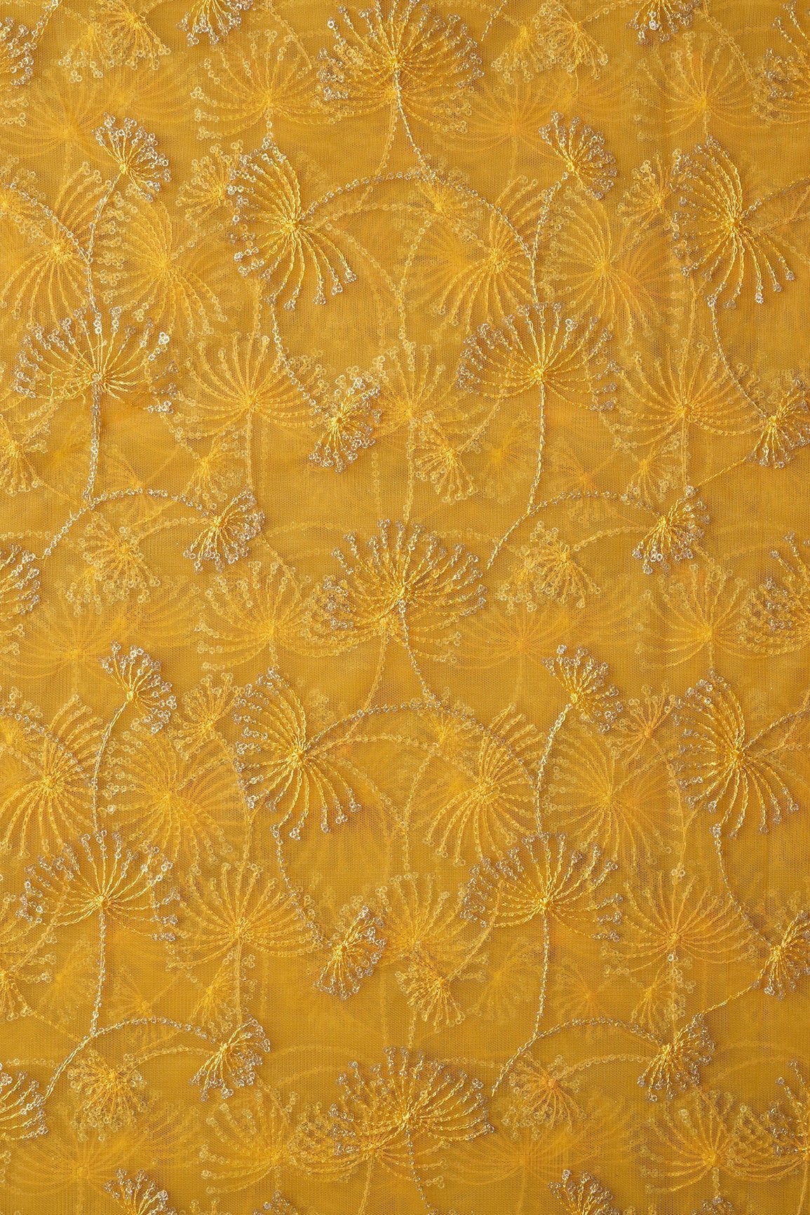 Yellow Thread With Gold Glitter Sequins Floral Embroidery On Yellow Soft Net Fabric - doeraa
