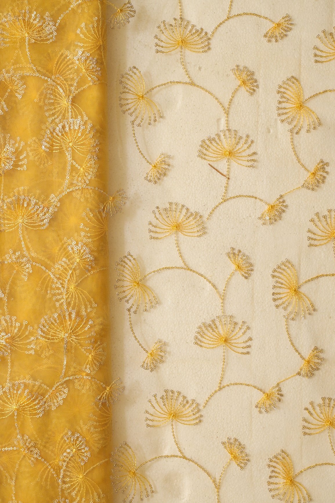 Yellow Thread With Gold Glitter Sequins Floral Embroidery On Yellow Soft Net Fabric - doeraa