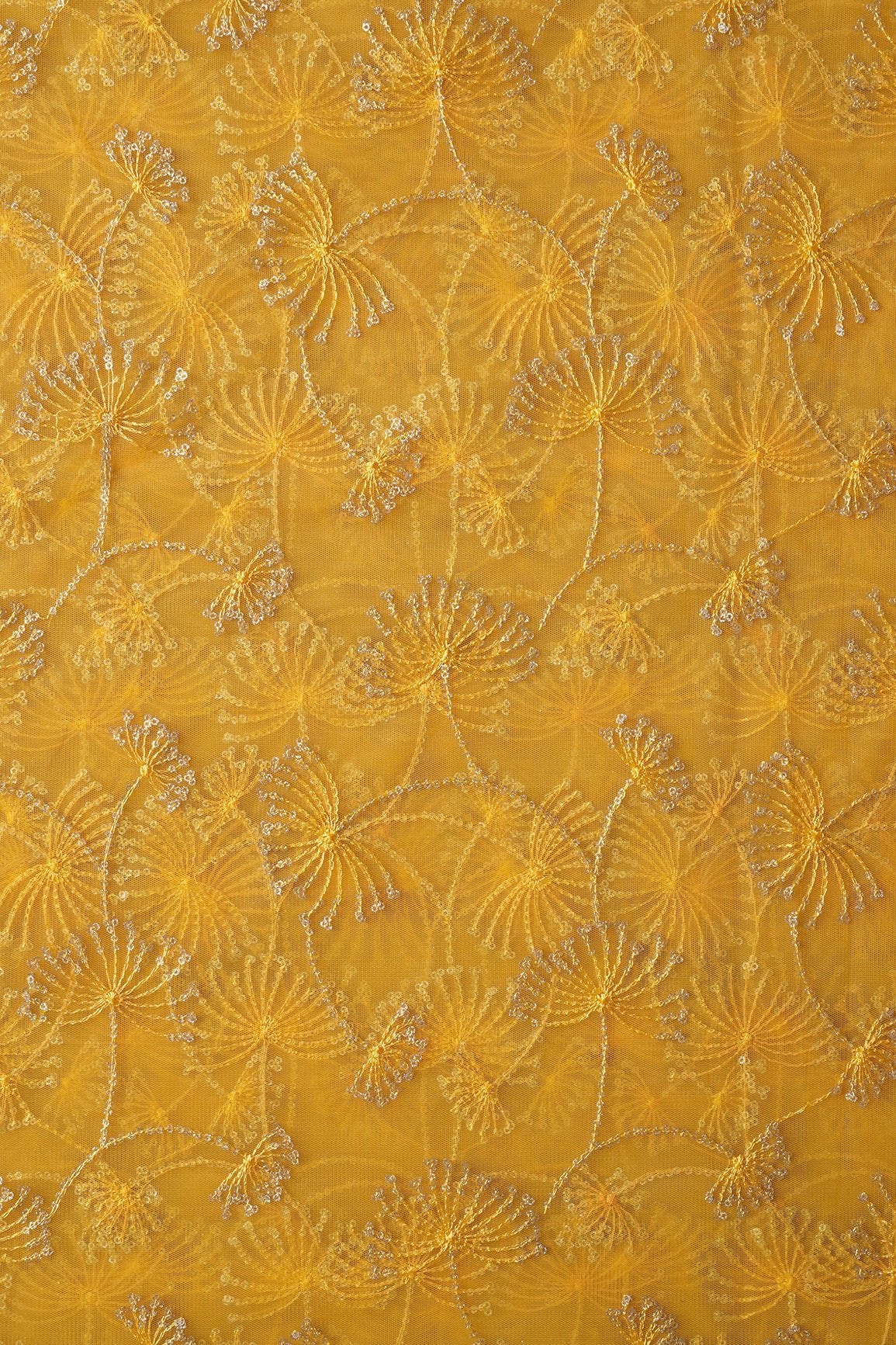 Yellow Thread With Gold Glitter Sequins Floral Embroidery On Yellow Soft Net Fabric - doeraa