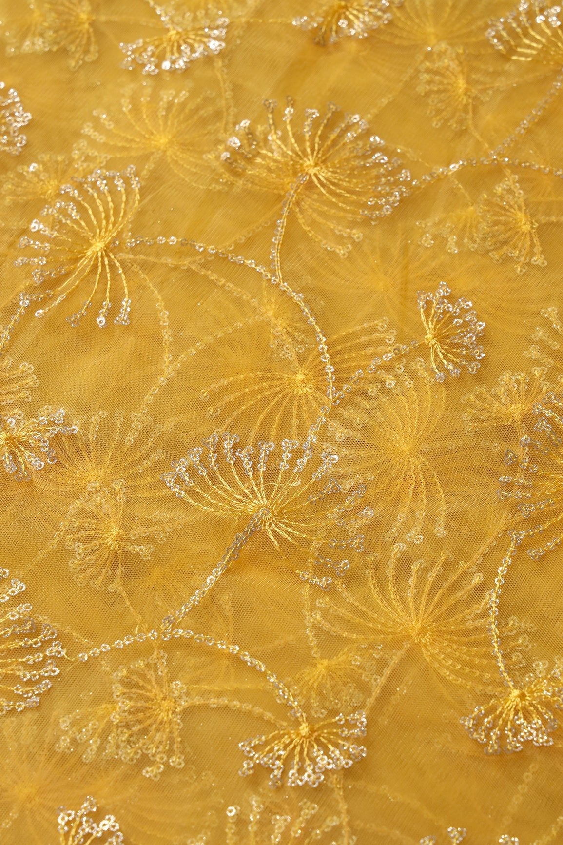 Yellow Thread With Gold Glitter Sequins Floral Embroidery On Yellow Soft Net Fabric - doeraa