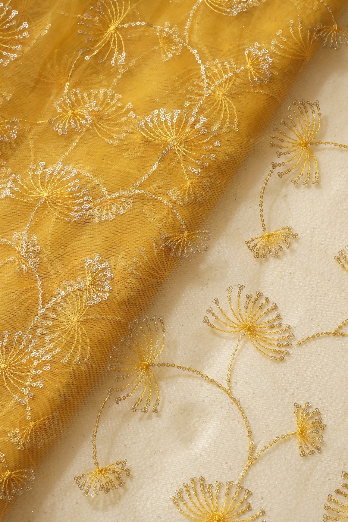 Yellow Thread With Gold Glitter Sequins Floral Embroidery On Yellow Soft Net Fabric - doeraa