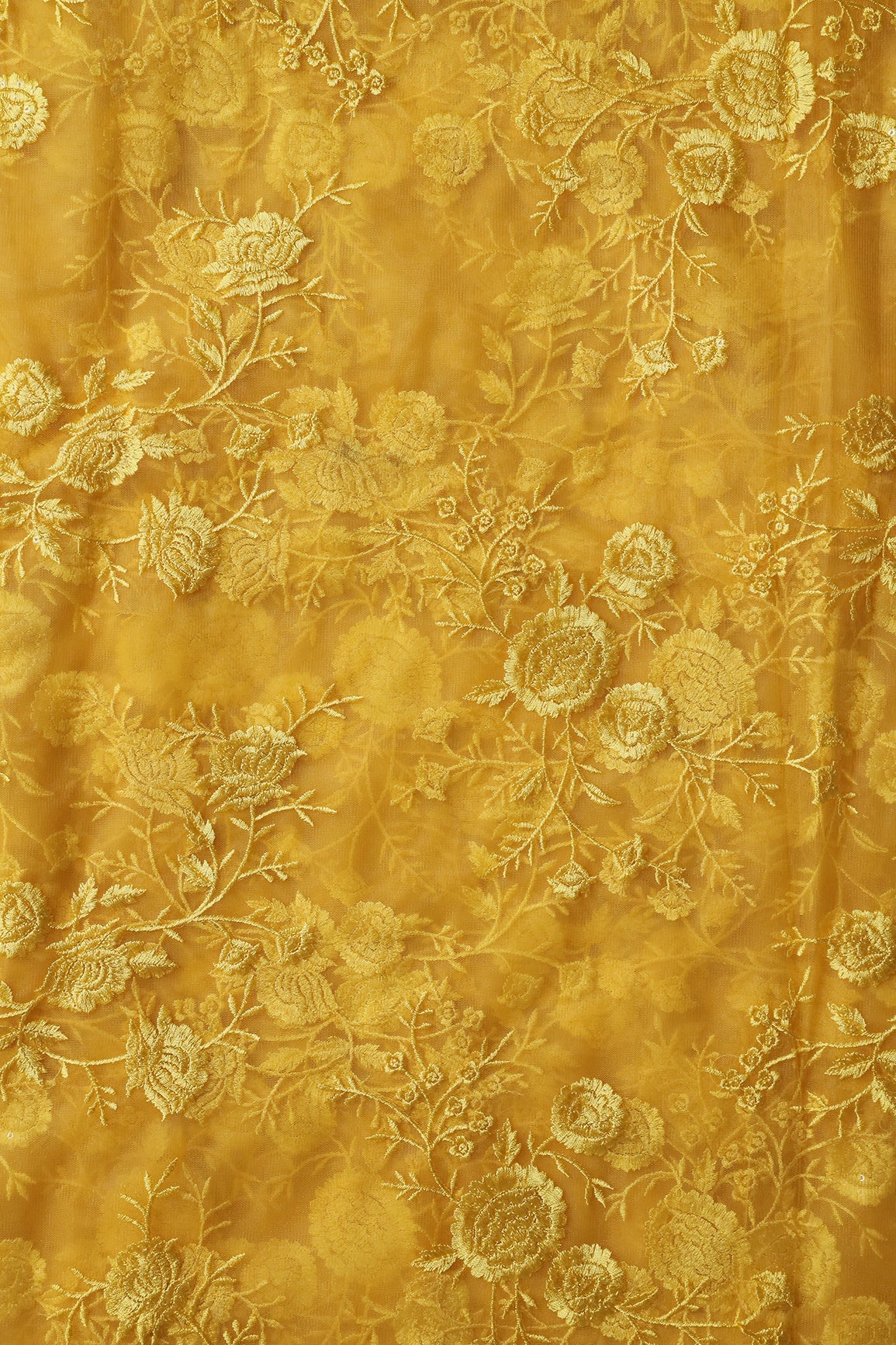Yellow Thread With Sequins Floral Embroidery On Yellow Soft Net Fabric - doeraa