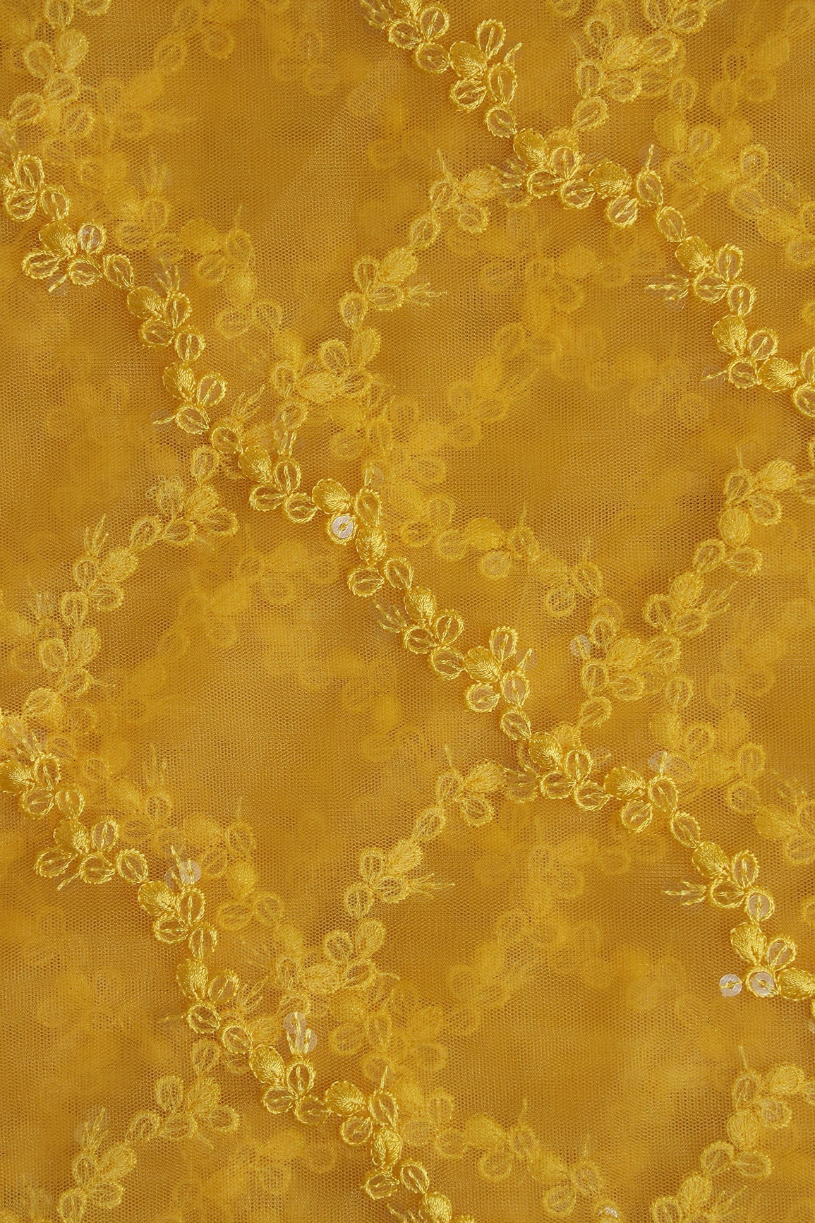 Yellow Thread With Sequins Strip Embroidery Work On Yellow Soft Net Fabric - doeraa