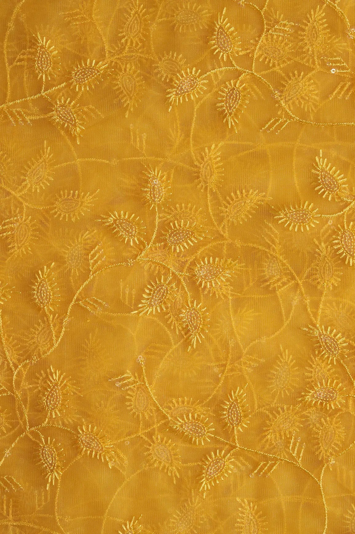 Yellow Thread With Water Sequins Leafy Embroidery On Yellow Soft Net Fabric - doeraa