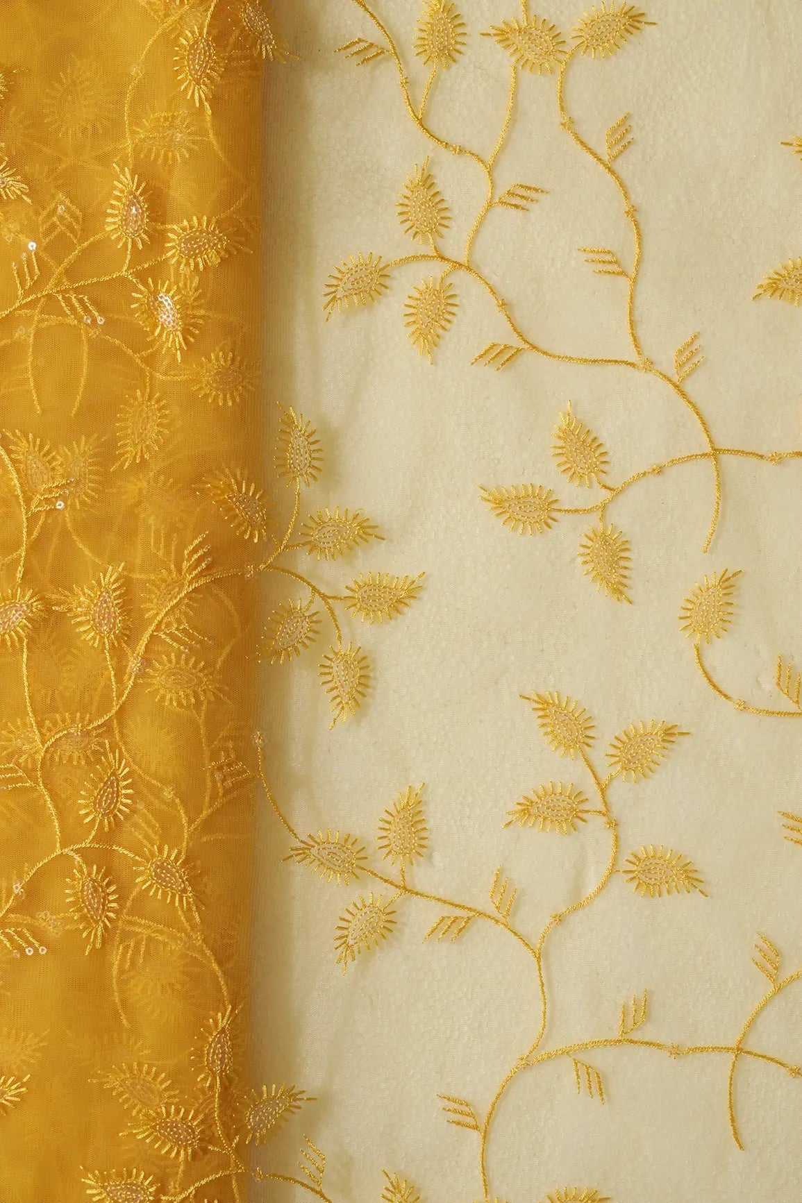 Yellow Thread With Water Sequins Leafy Embroidery On Yellow Soft Net Fabric - doeraa