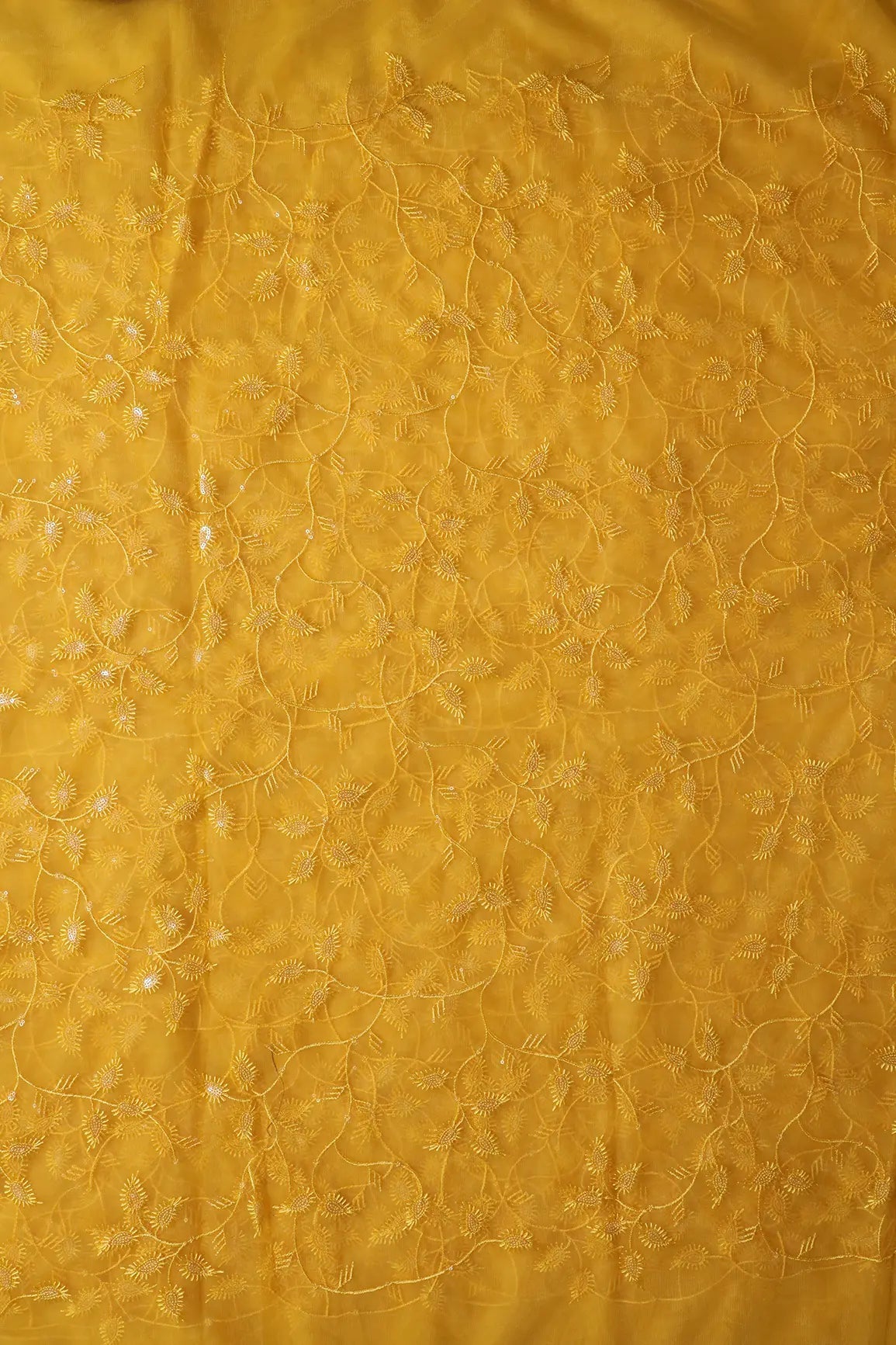Yellow Thread With Water Sequins Leafy Embroidery On Yellow Soft Net Fabric - doeraa