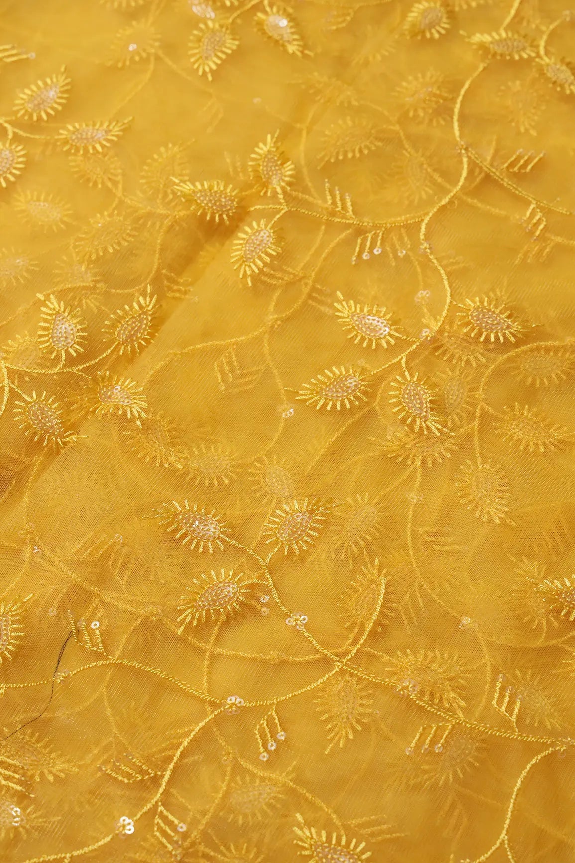 Yellow Thread With Water Sequins Leafy Embroidery On Yellow Soft Net Fabric - doeraa