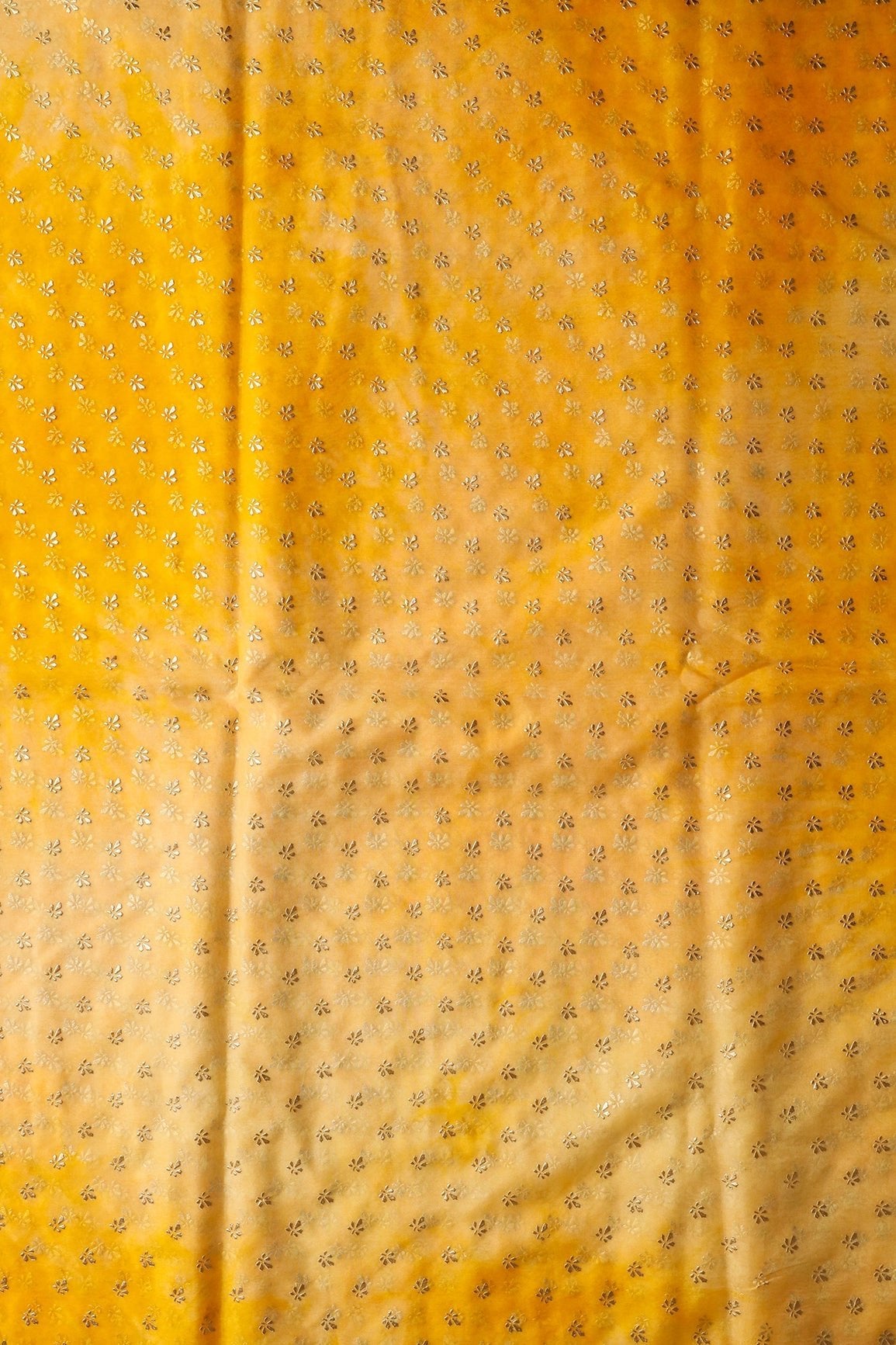 Yellow Tie & Dye Shibori Small Floral Motif Foil Print On Organza Fabric - doeraa