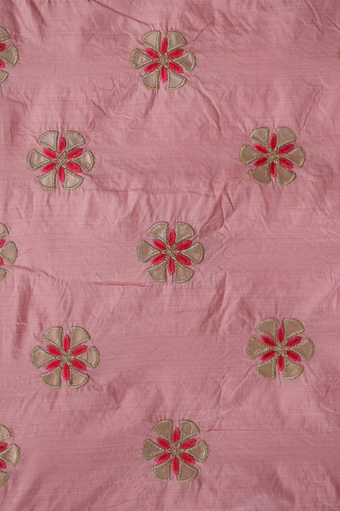 Zari With Red and Pink Motif Embroidery On Baby Pink Bamboo Silk Fabric - doeraa