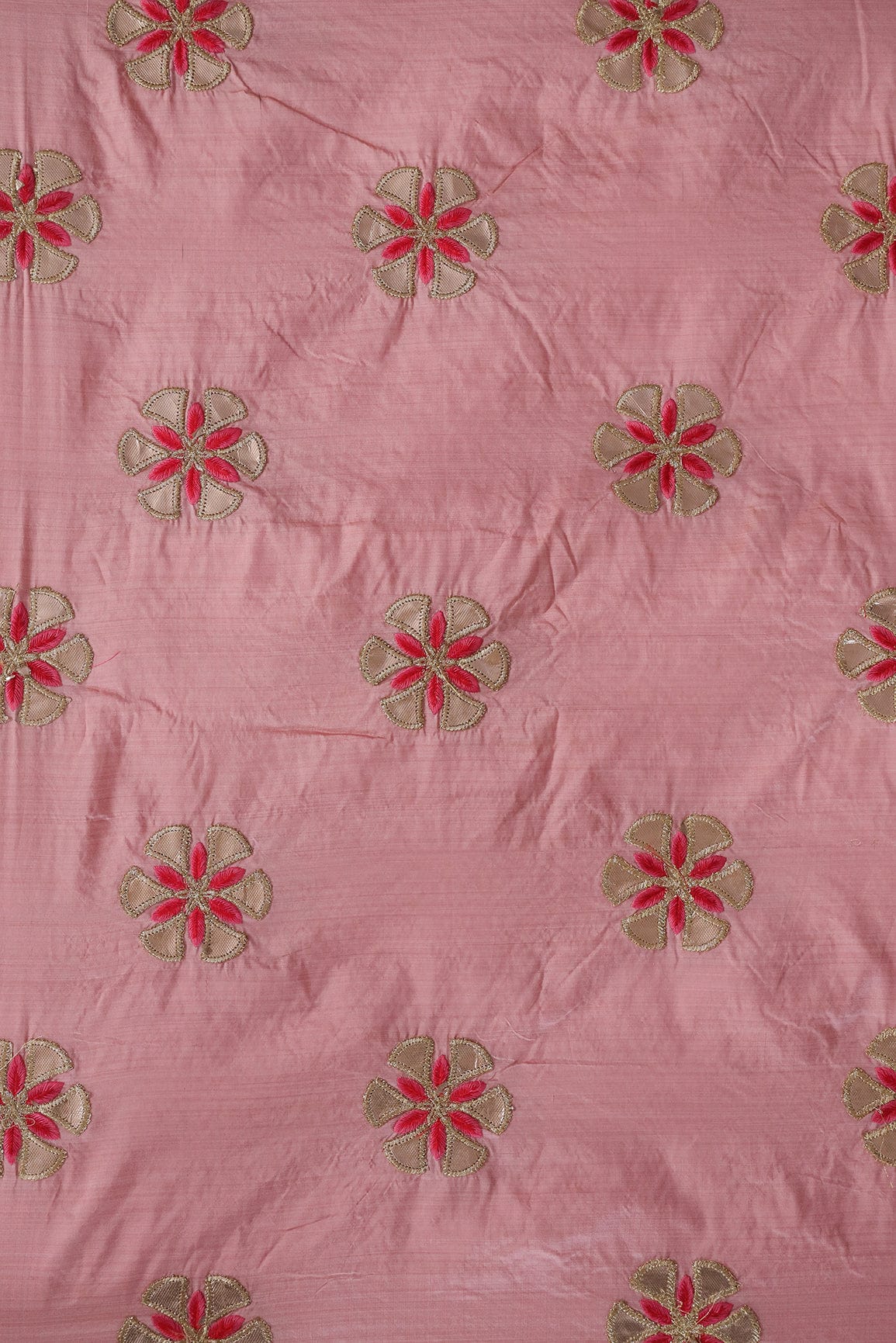 Zari With Red and Pink Motif Embroidery On Baby Pink Bamboo Silk Fabric - doeraa