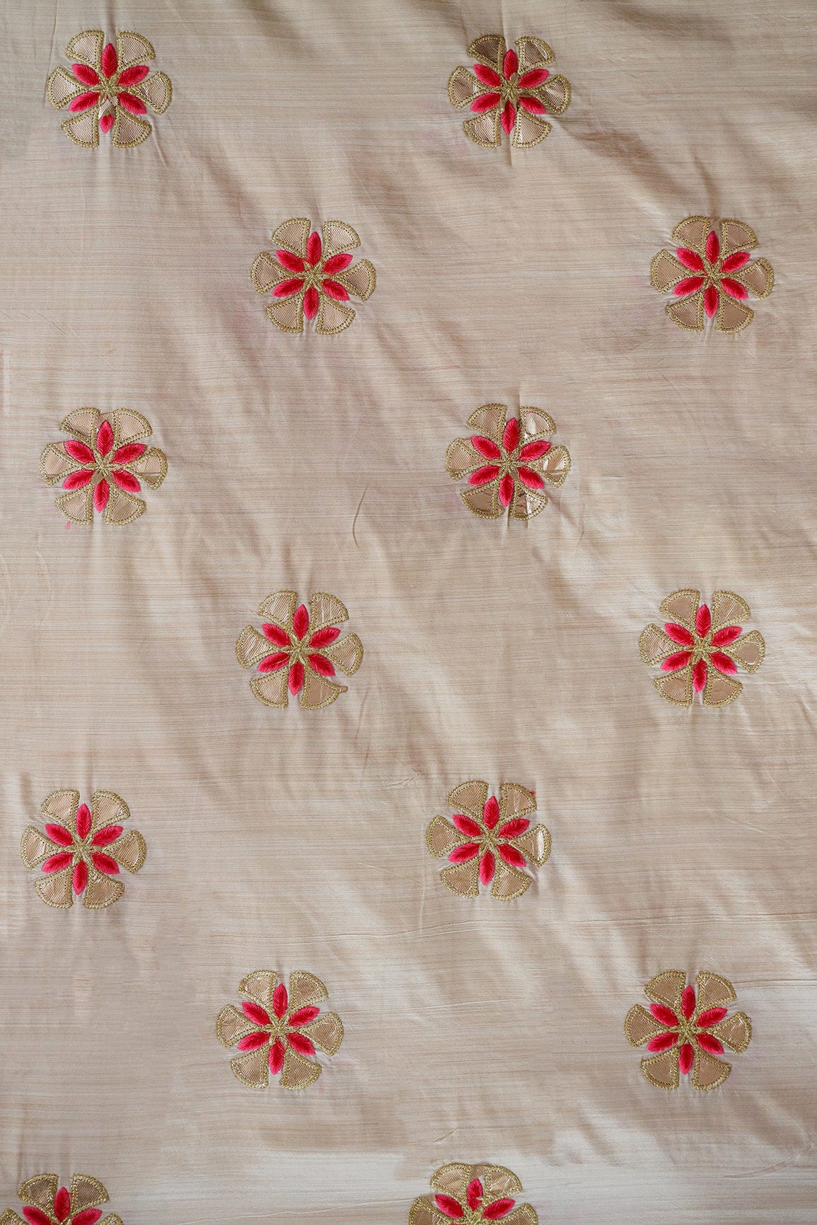 Zari With Red and Pink Motif Embroidery On Beige Bamboo Silk Fabric - doeraa