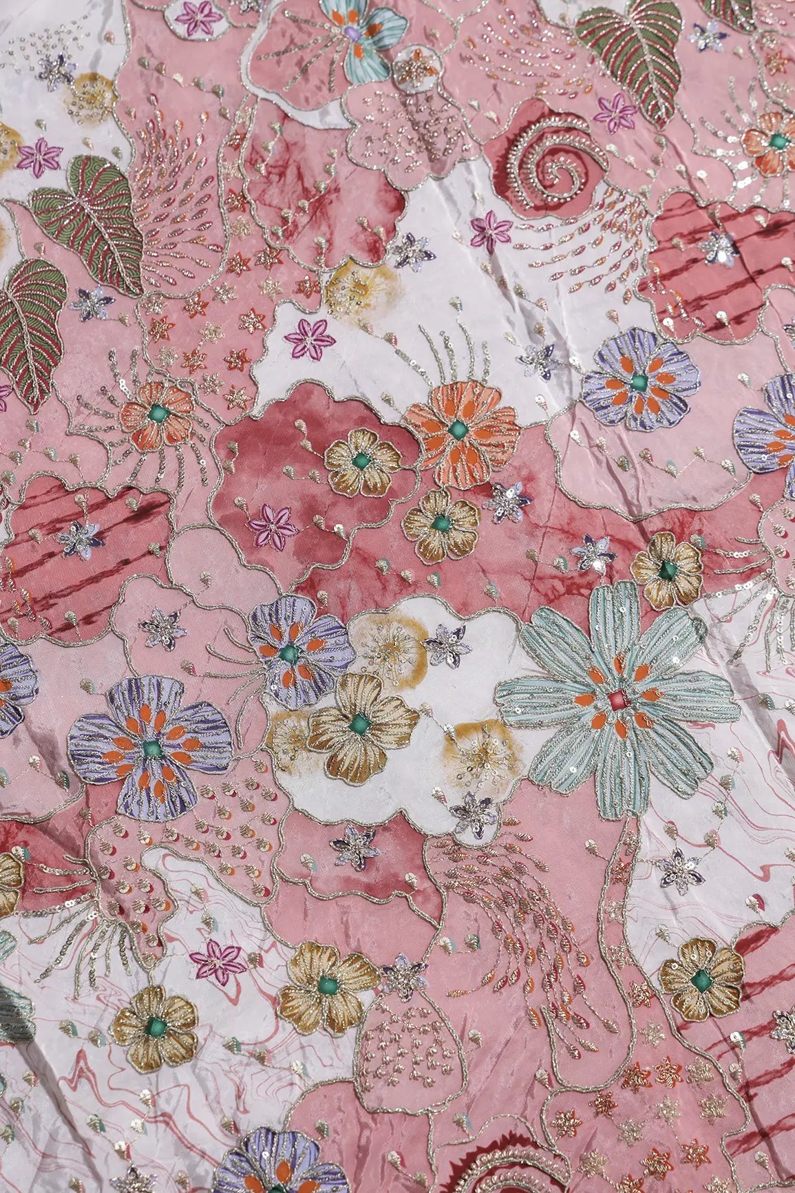 Zari with Sequins Floral Positional Print On Cream Pure Crepe Fabric - doeraa