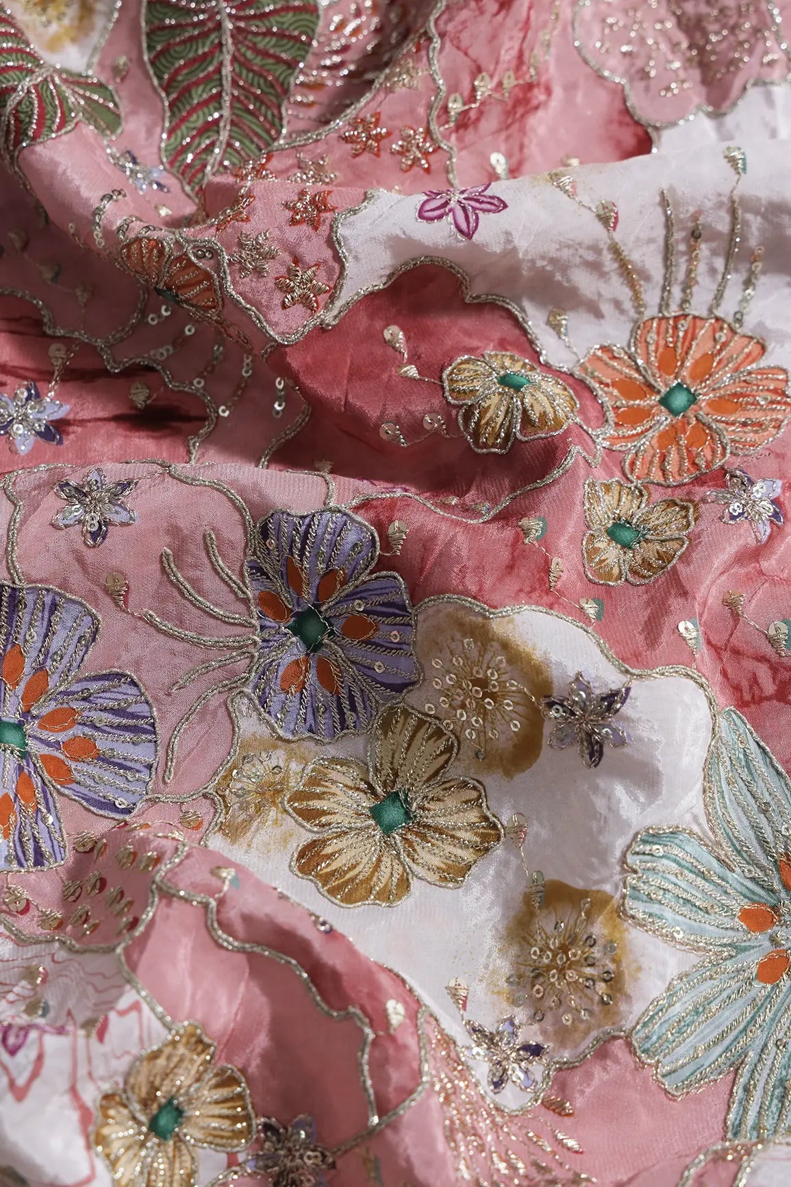 Zari with Sequins Floral Positional Print On Cream Pure Crepe Fabric - doeraa