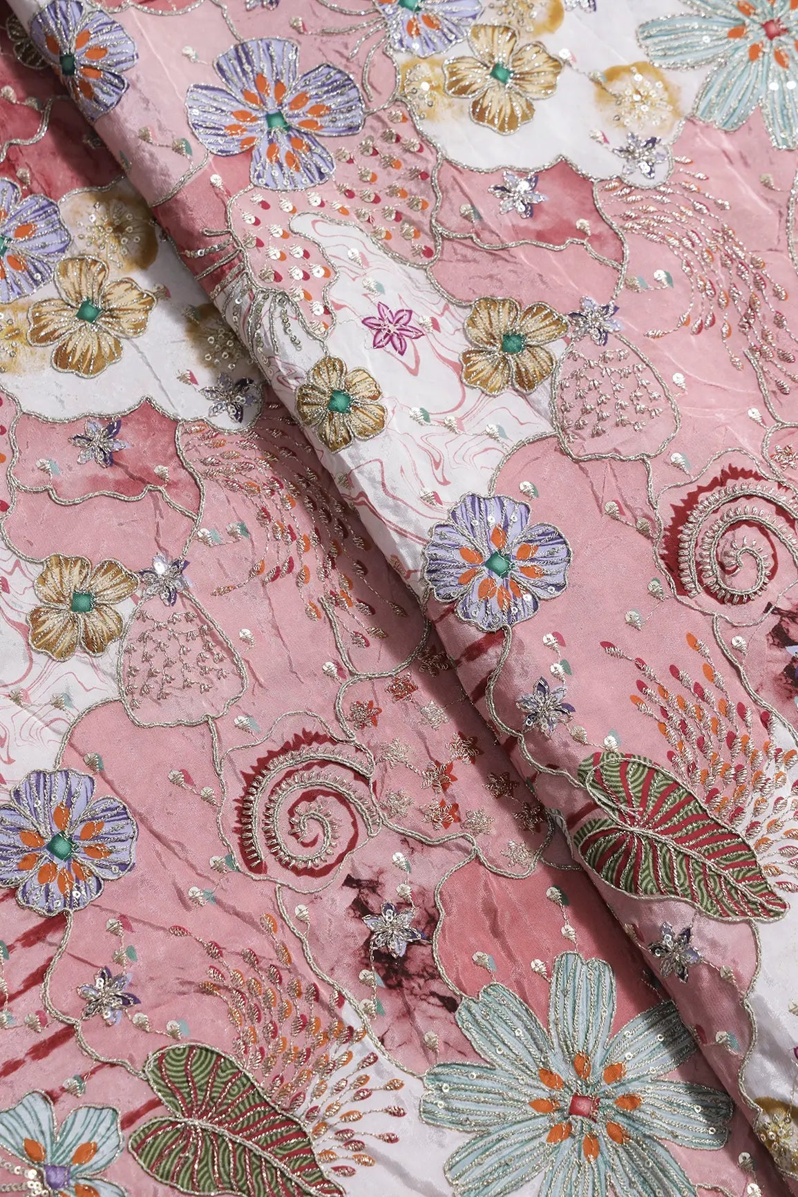 Zari with Sequins Floral Positional Print On Cream Pure Crepe Fabric - doeraa