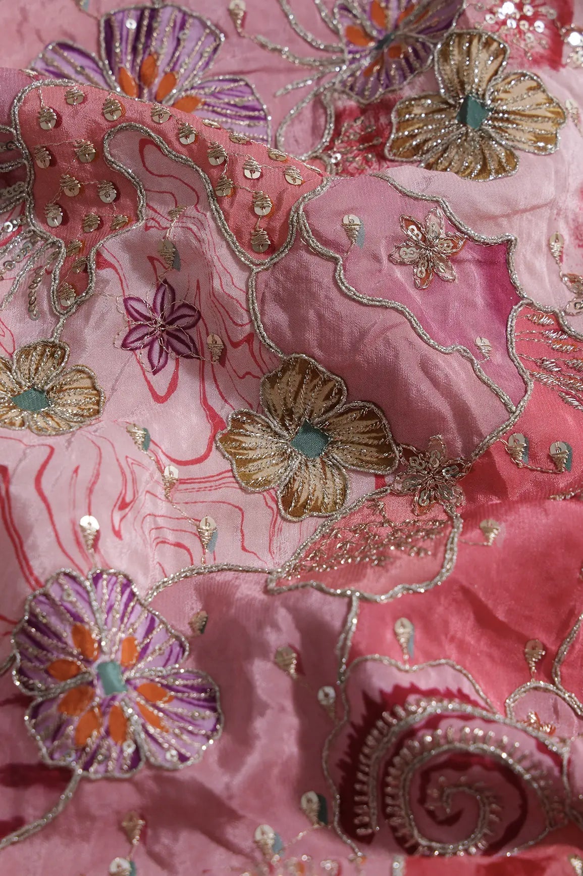 Zari with Sequins Floral Positional Print On Gajri Pure Crepe Fabric - doeraa