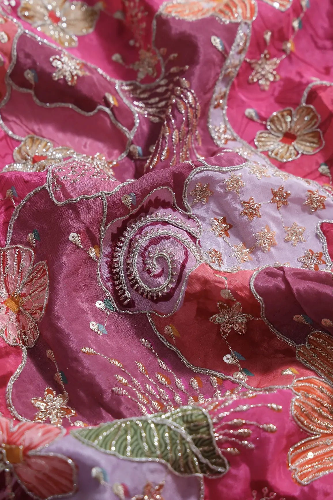 Zari with Sequins Floral Positional Print On Pink Pure Crepe Fabric - doeraa