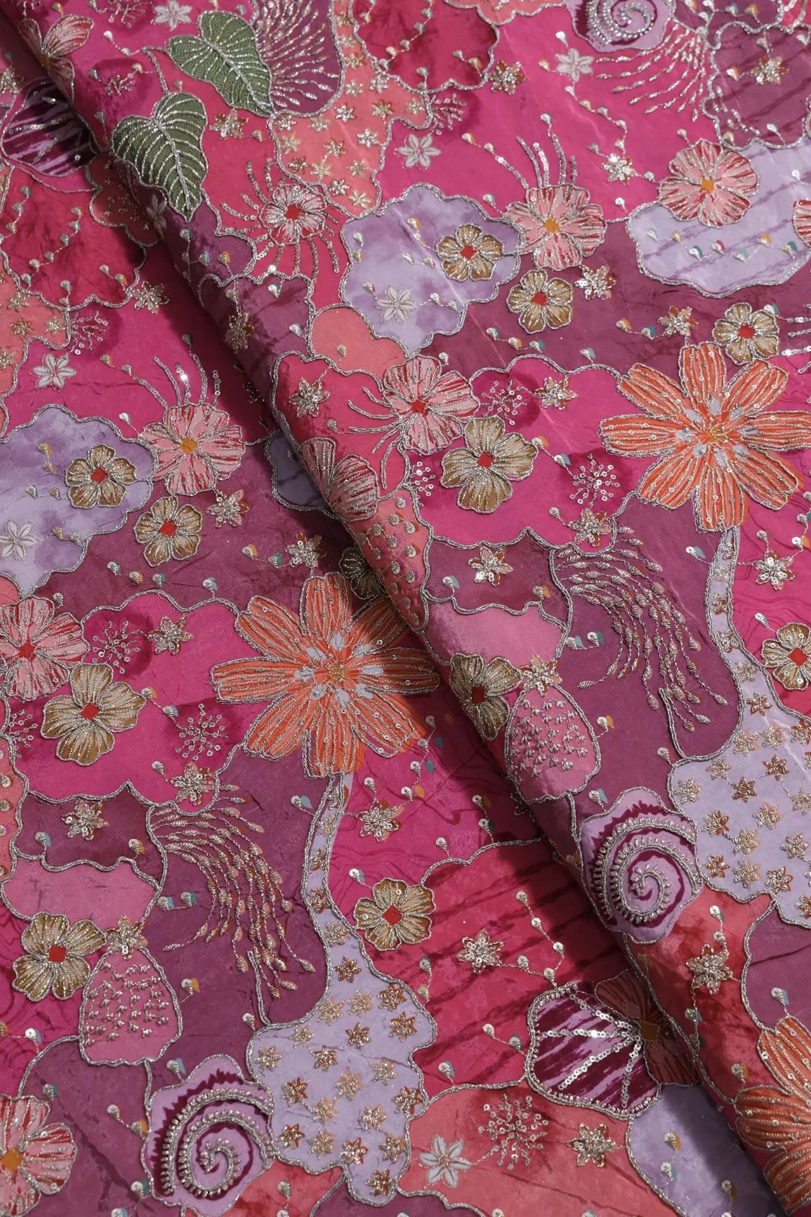 Zari with Sequins Floral Positional Print On Pink Pure Crepe Fabric - doeraa