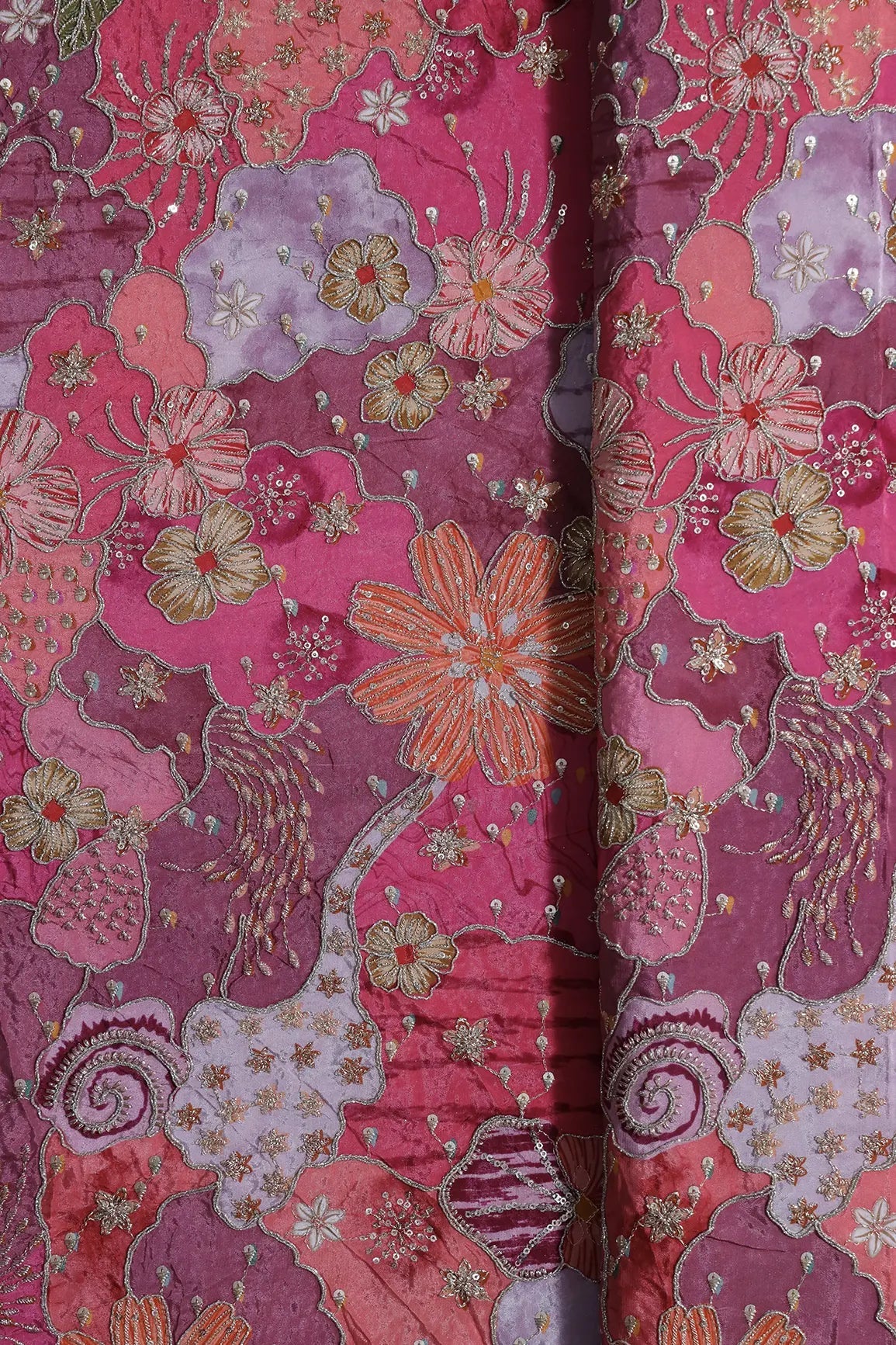 Zari with Sequins Floral Positional Print On Pink Pure Crepe Fabric - doeraa